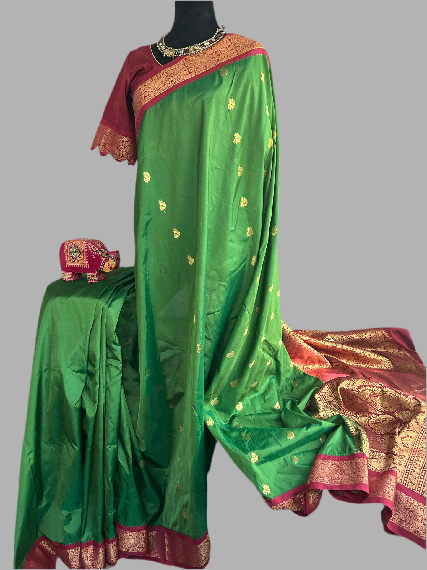 Soft Gadwal Saree in Green with stitched blouse.