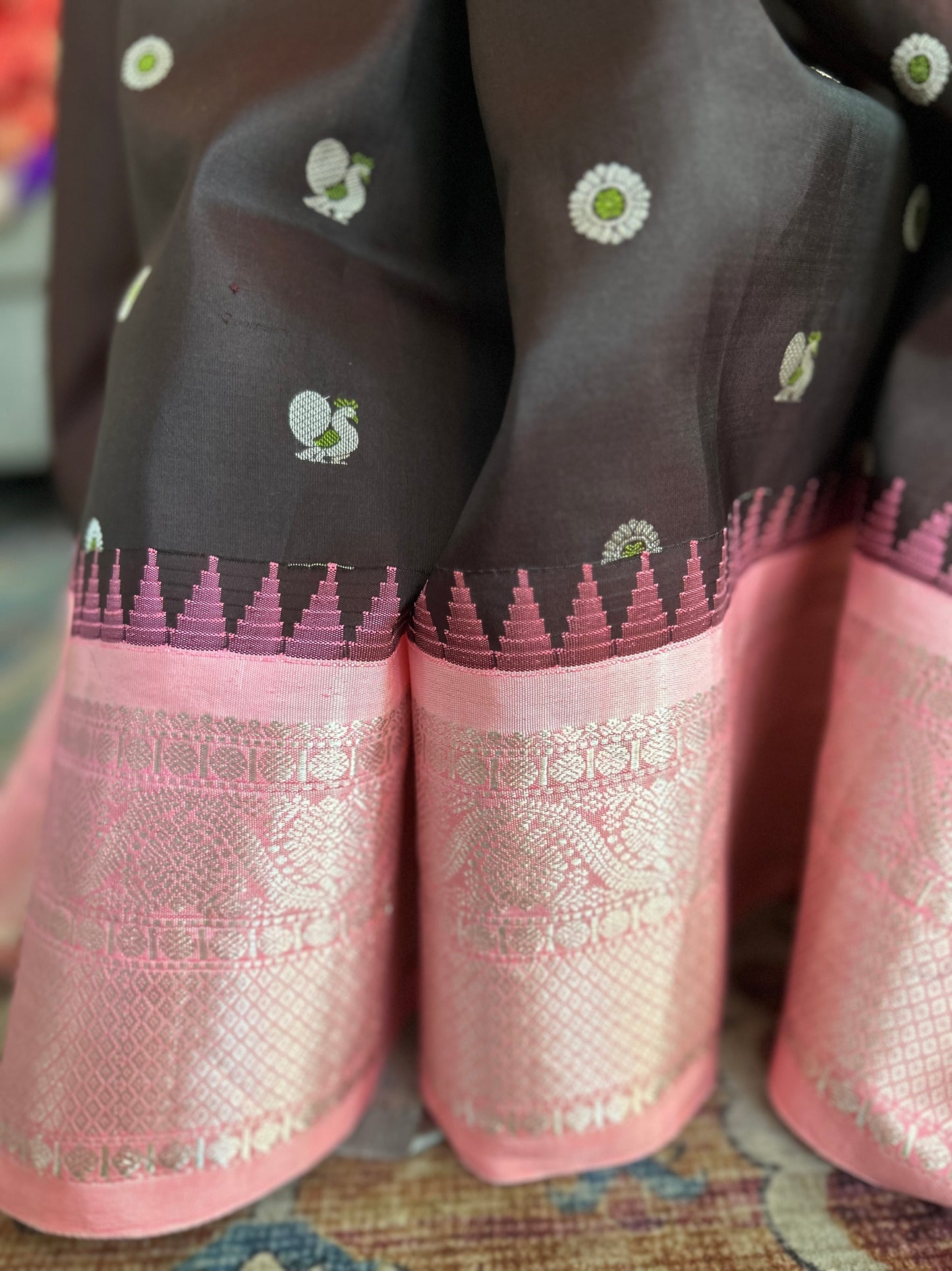 Pure Gadwal Saree in Coffee Brown with Pink Border