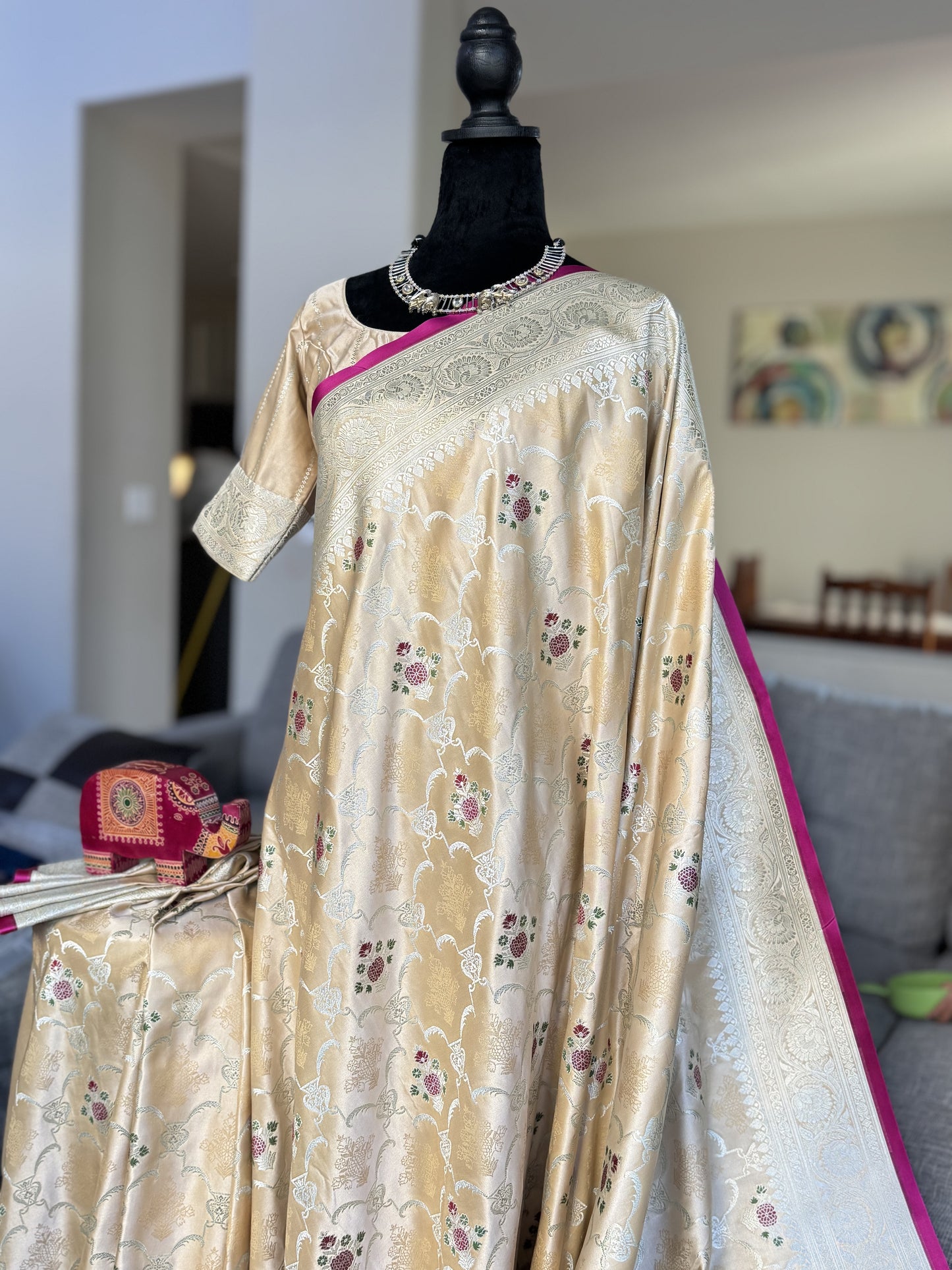 Satin Banarasi Saree in Off-White with Dark Pink Border