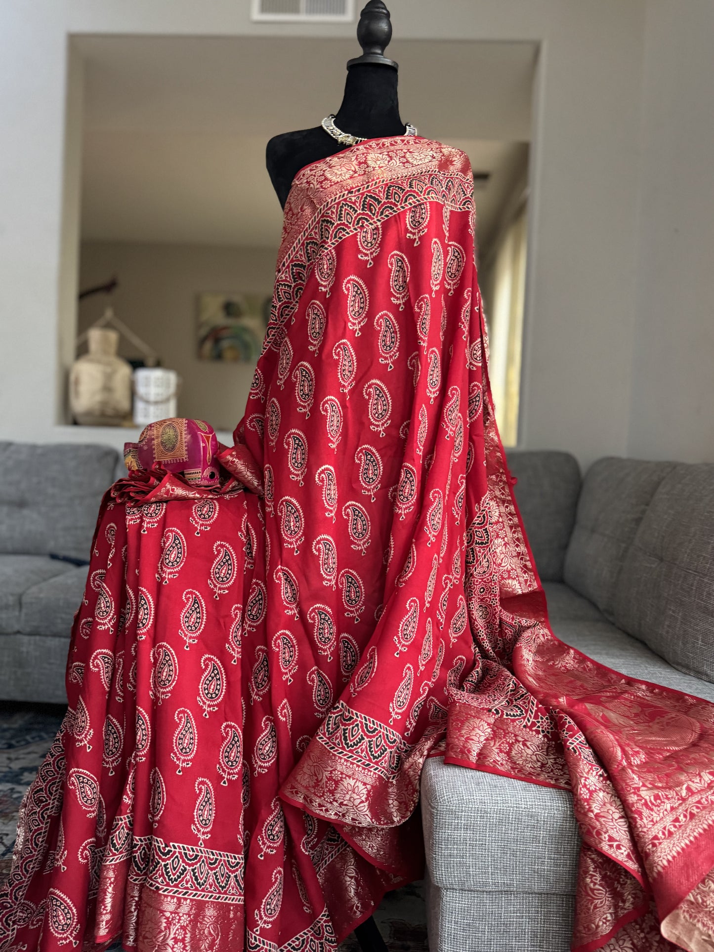 Ajrakh Saree in Red on Dola Silk with Mango Design
