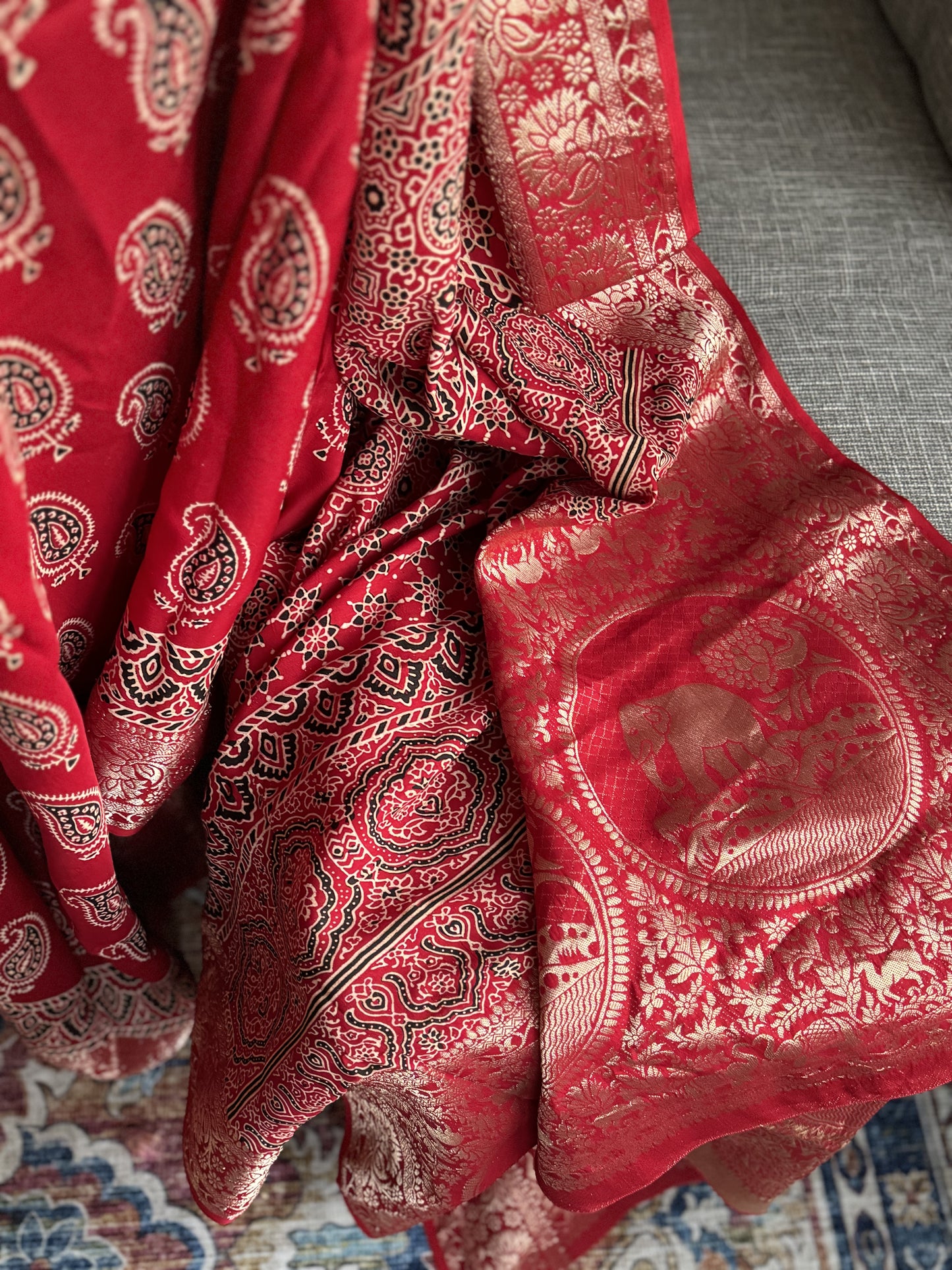 Ajrakh Saree in Red on Dola Silk with Mango Design