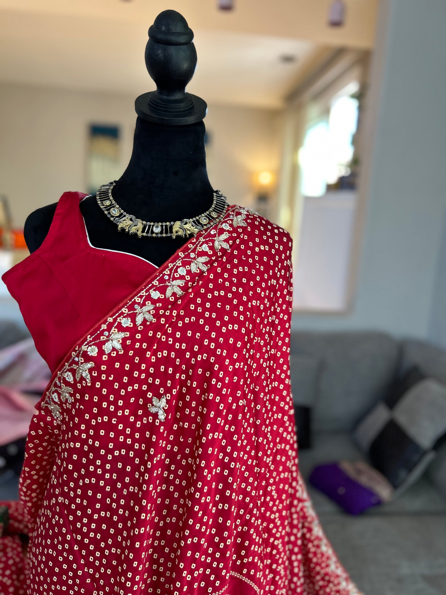 Bandhini Saree with Gotta Patti work and stitched blouse