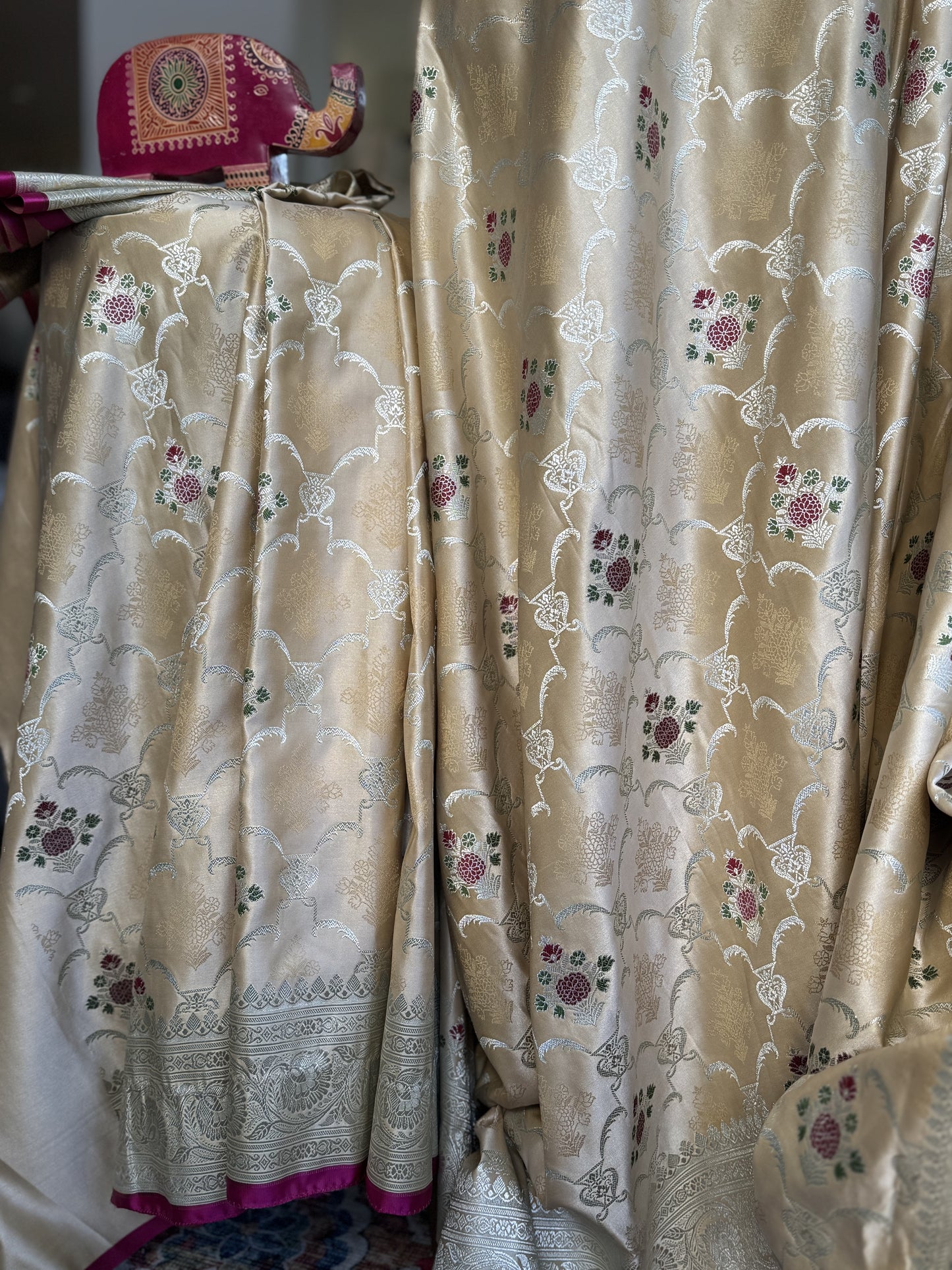 Satin Banarasi Saree in Off-White with Dark Pink Border