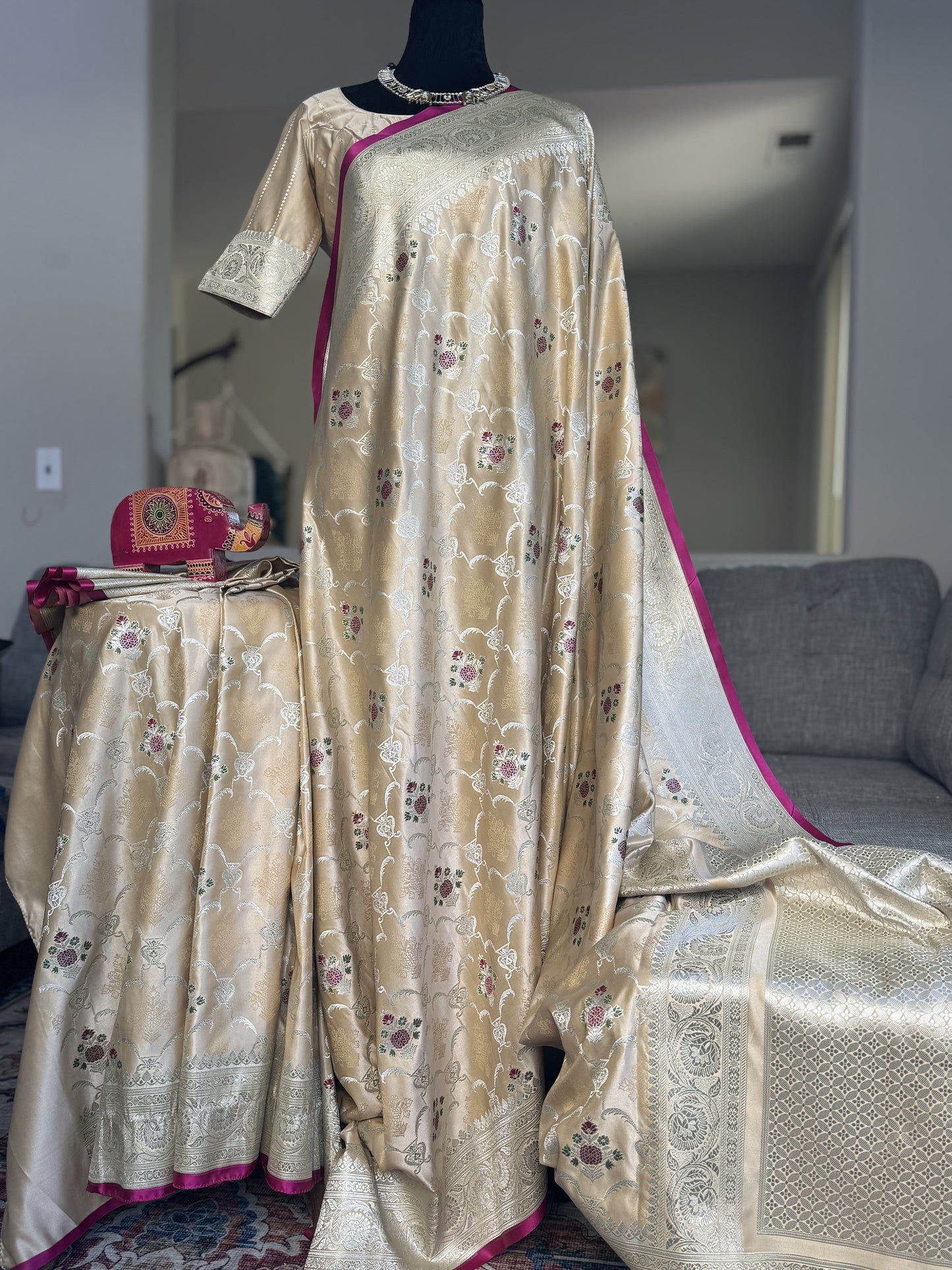 Satin Banarasi Saree in Off-White with Dark Pink Border