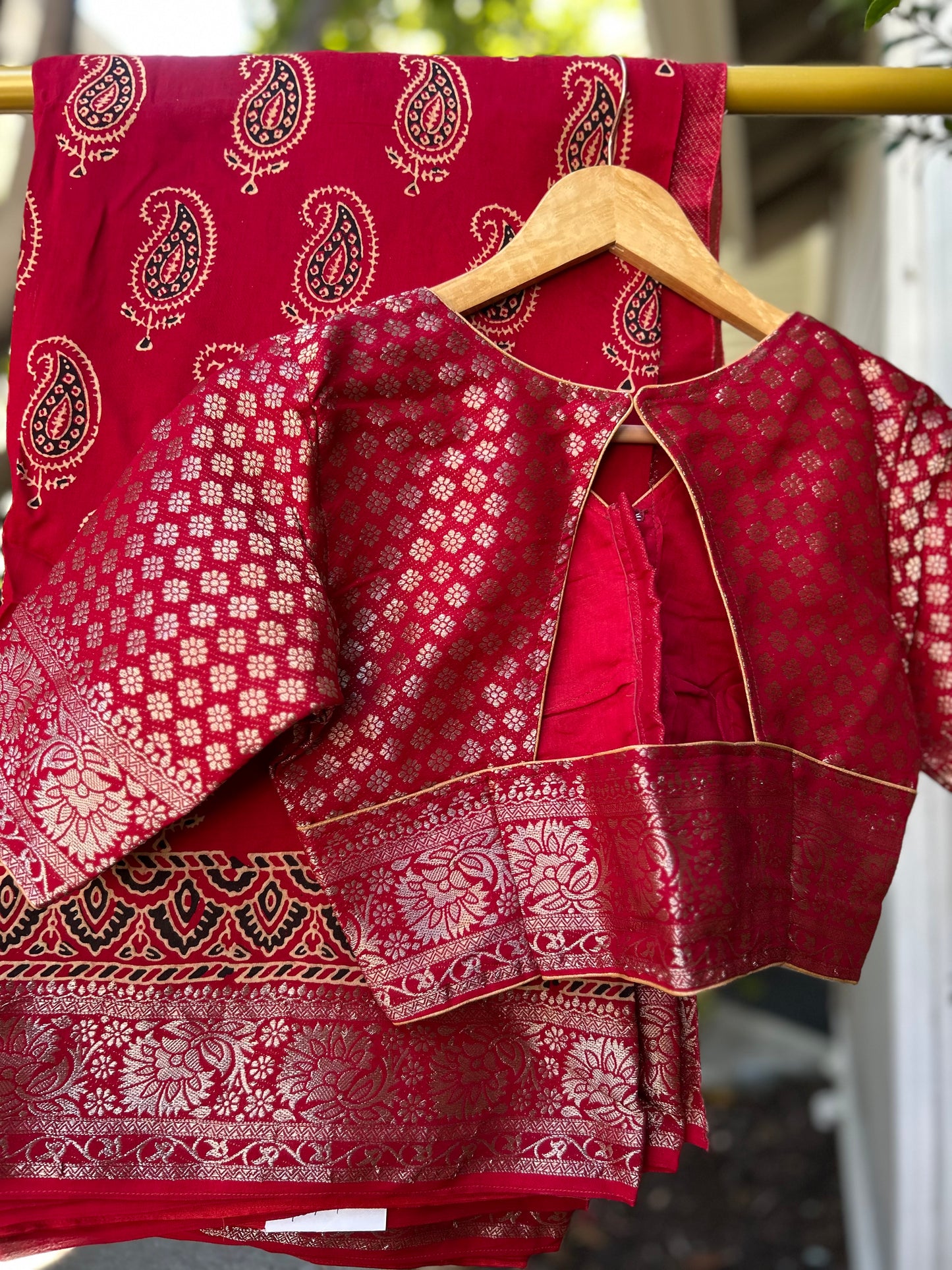 Ajrakh Saree in Red on Dola Silk with Mango Design