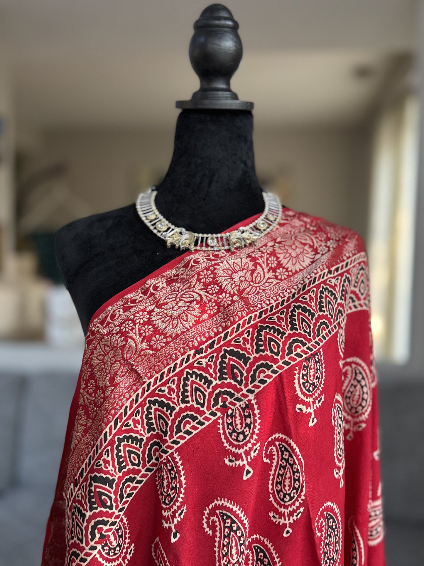 Ajrakh Saree in Red on Dola Silk with Mango Design
