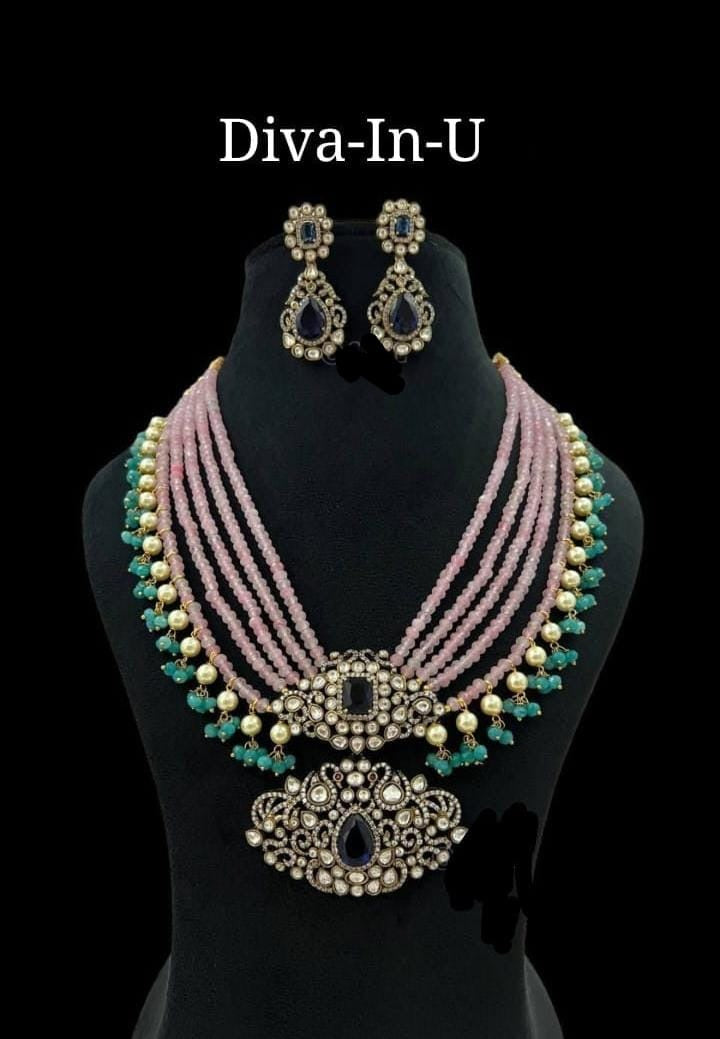 Kundan & Beads Royal Necklace Set (Baby Pink)