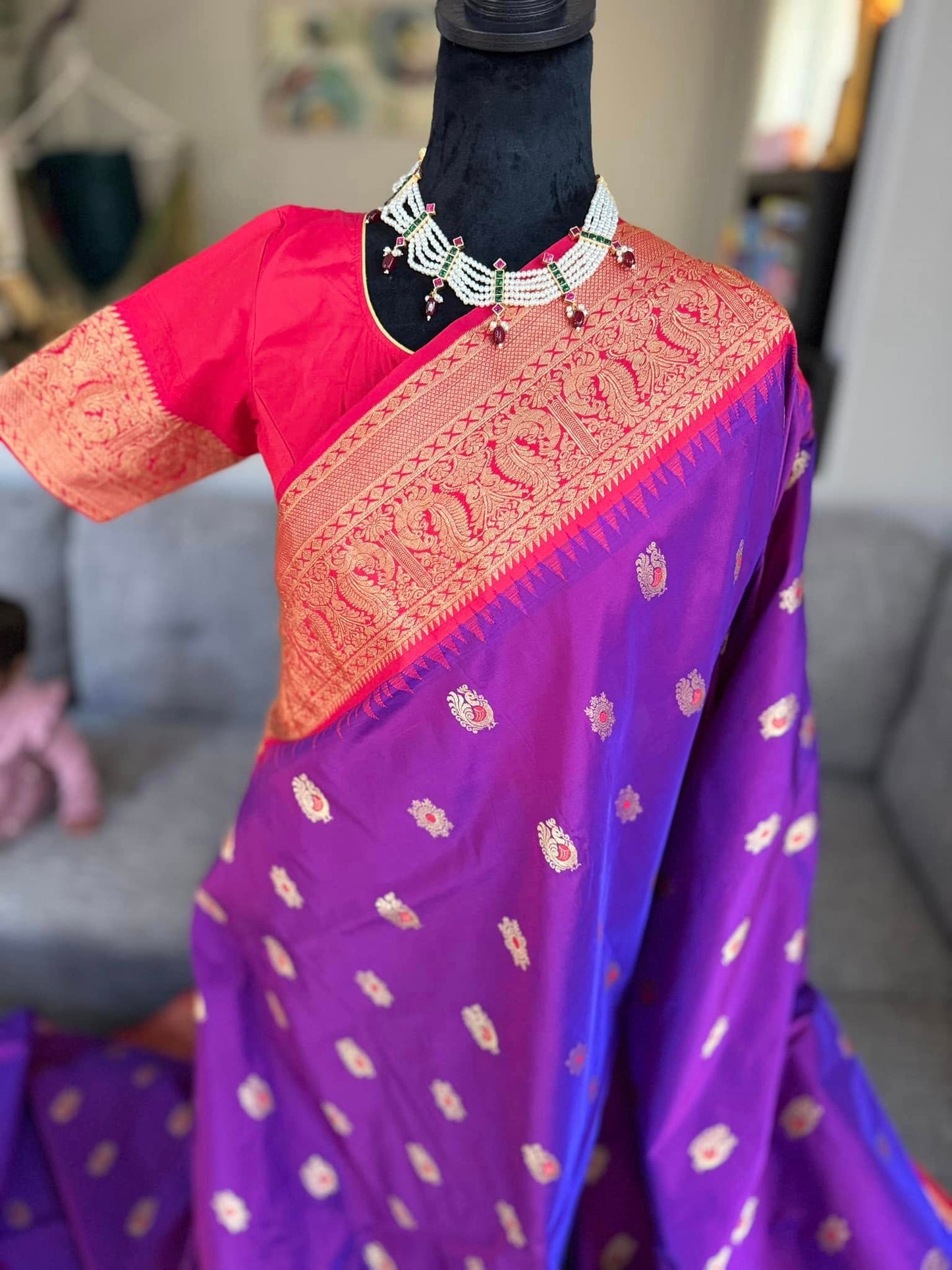 Narayanapet Pattu Sarees in Purple with Red Border
