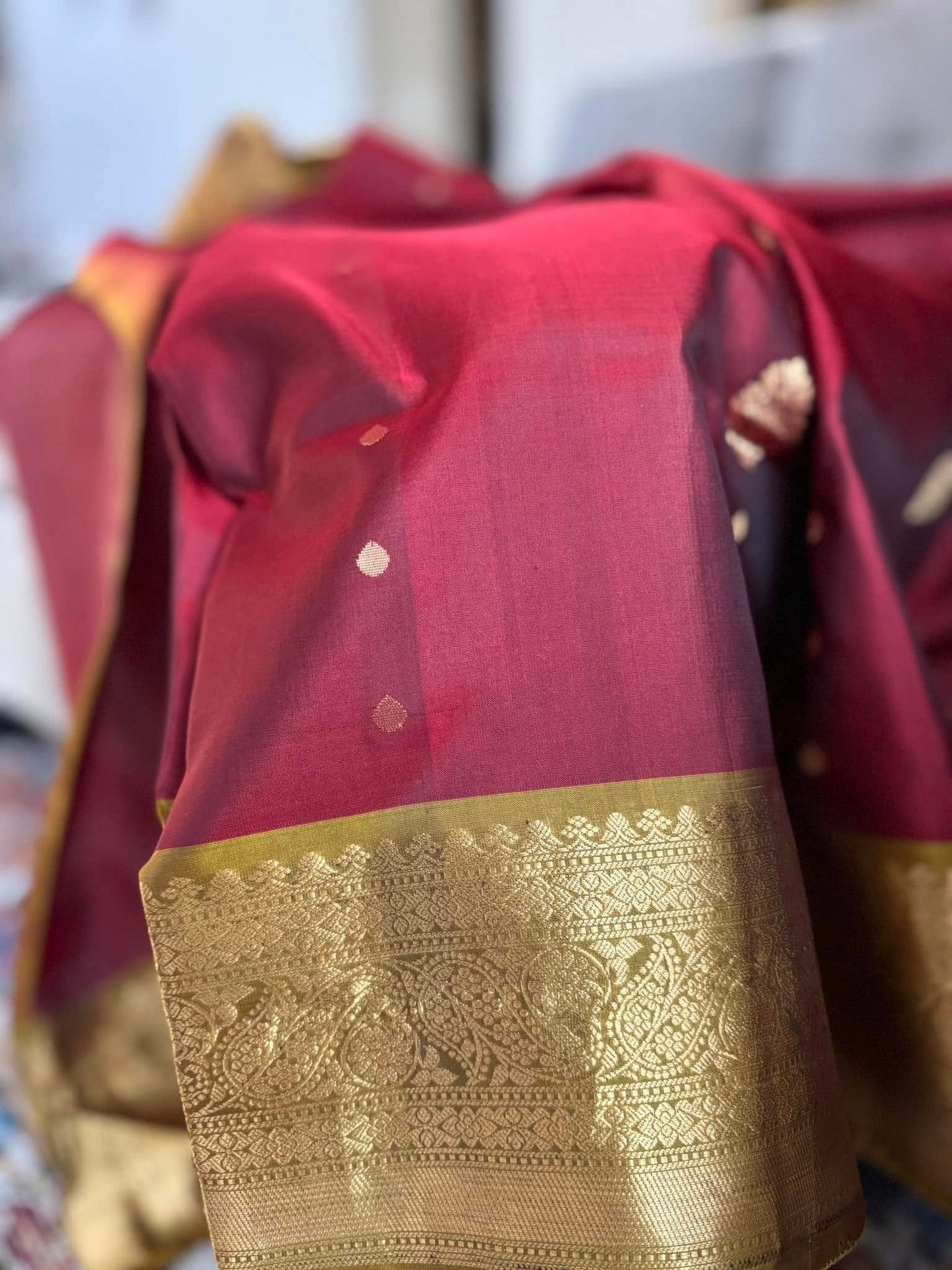 Maroon Kanchipuram Saree with stitched blouse