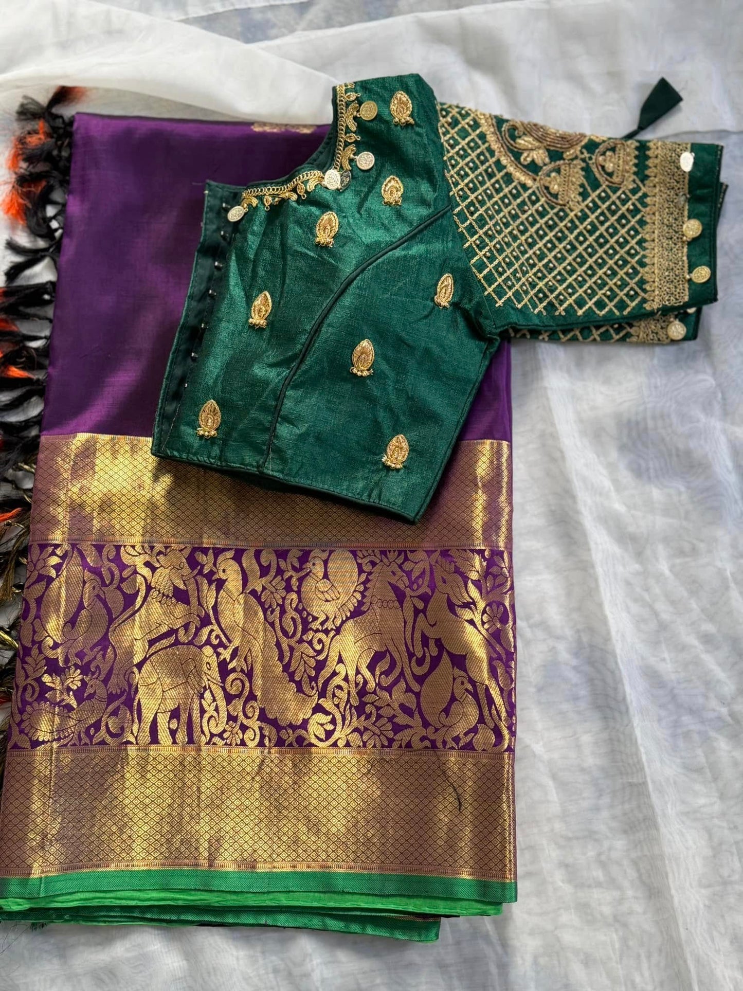 Pure Kanjeevaram in Deep Plum Color with Green border