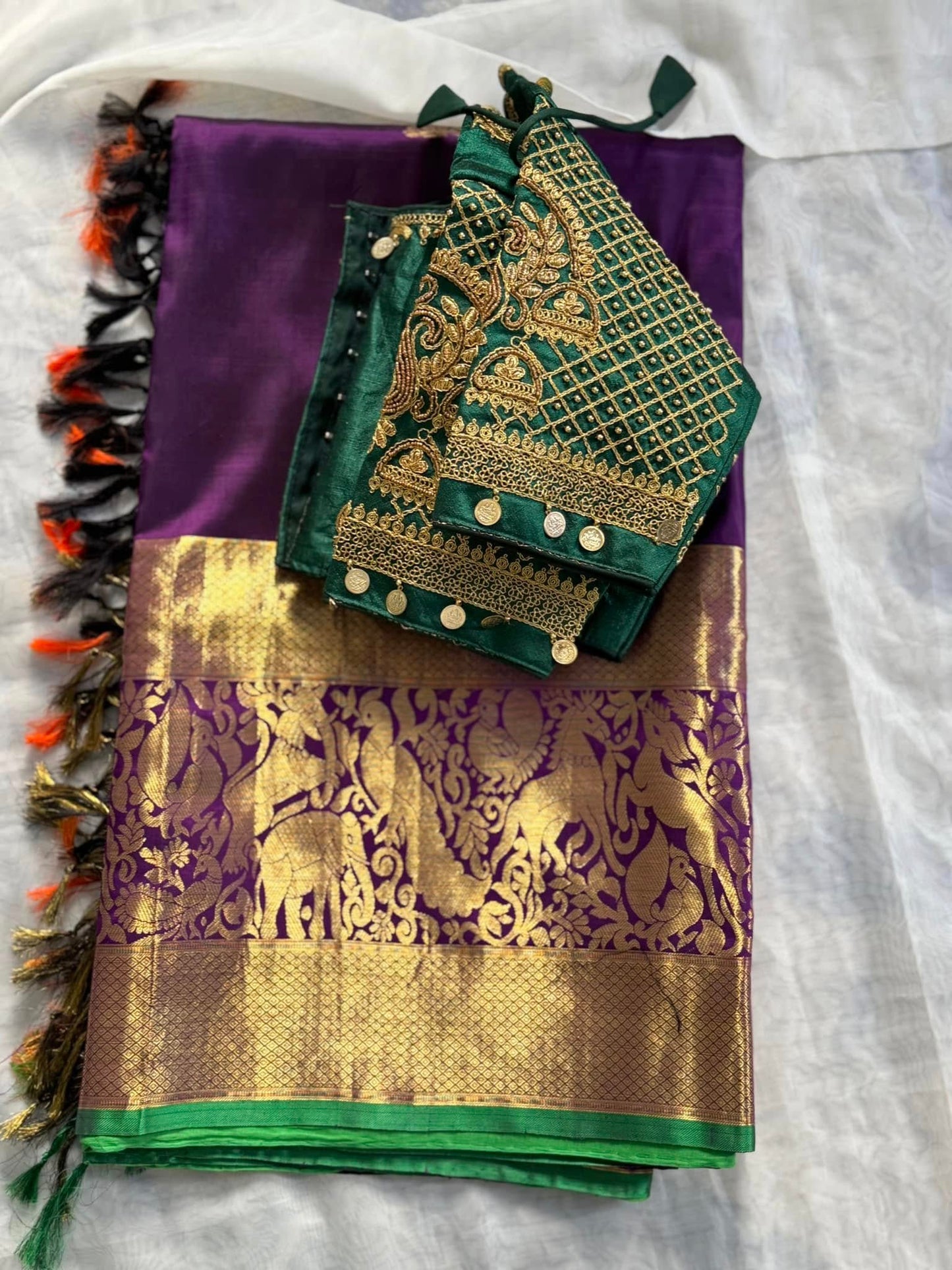 Pure Kanjeevaram in Deep Plum Color with Green border