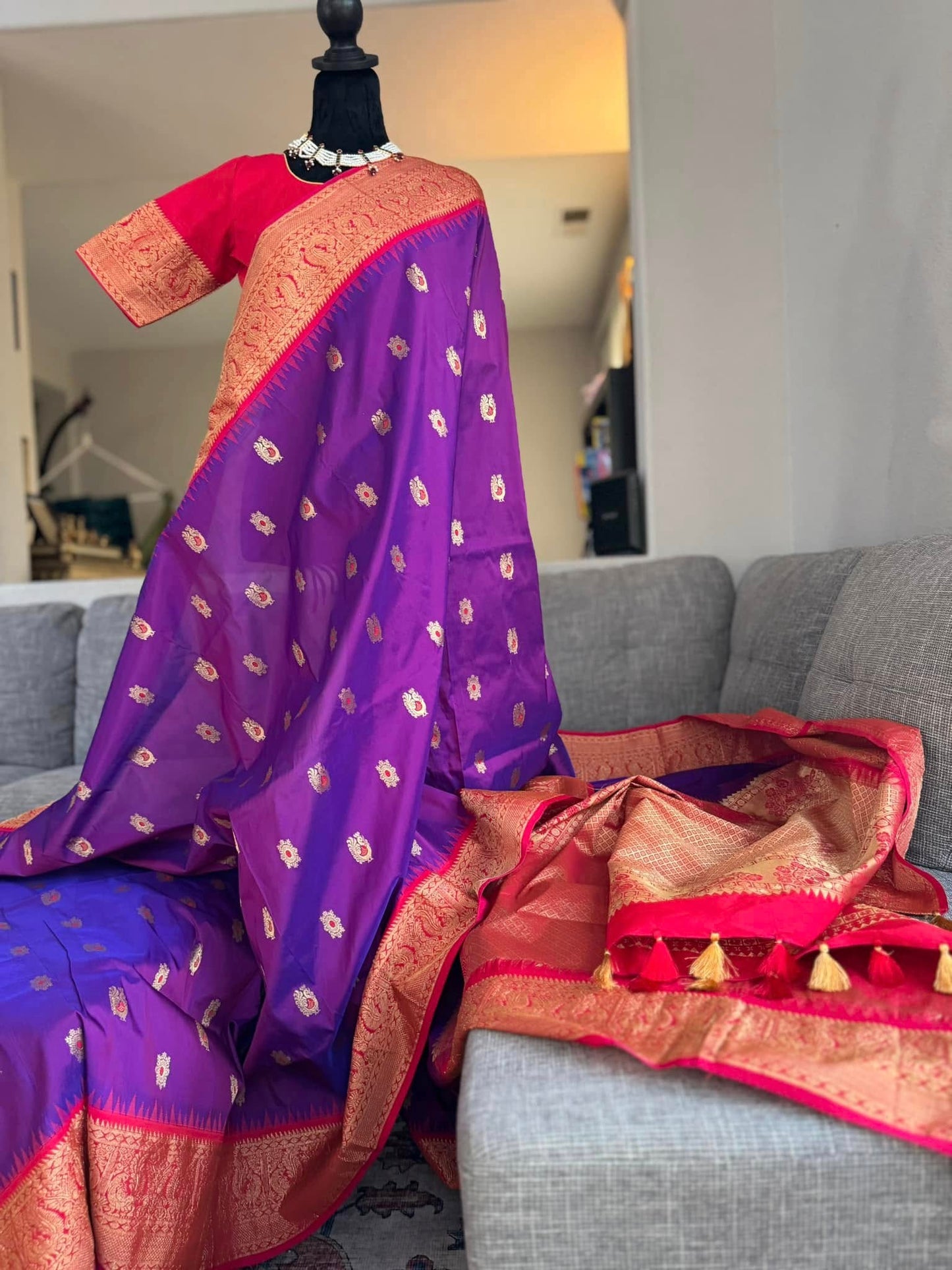 Narayanapet Pattu Sarees in Purple with Red Border