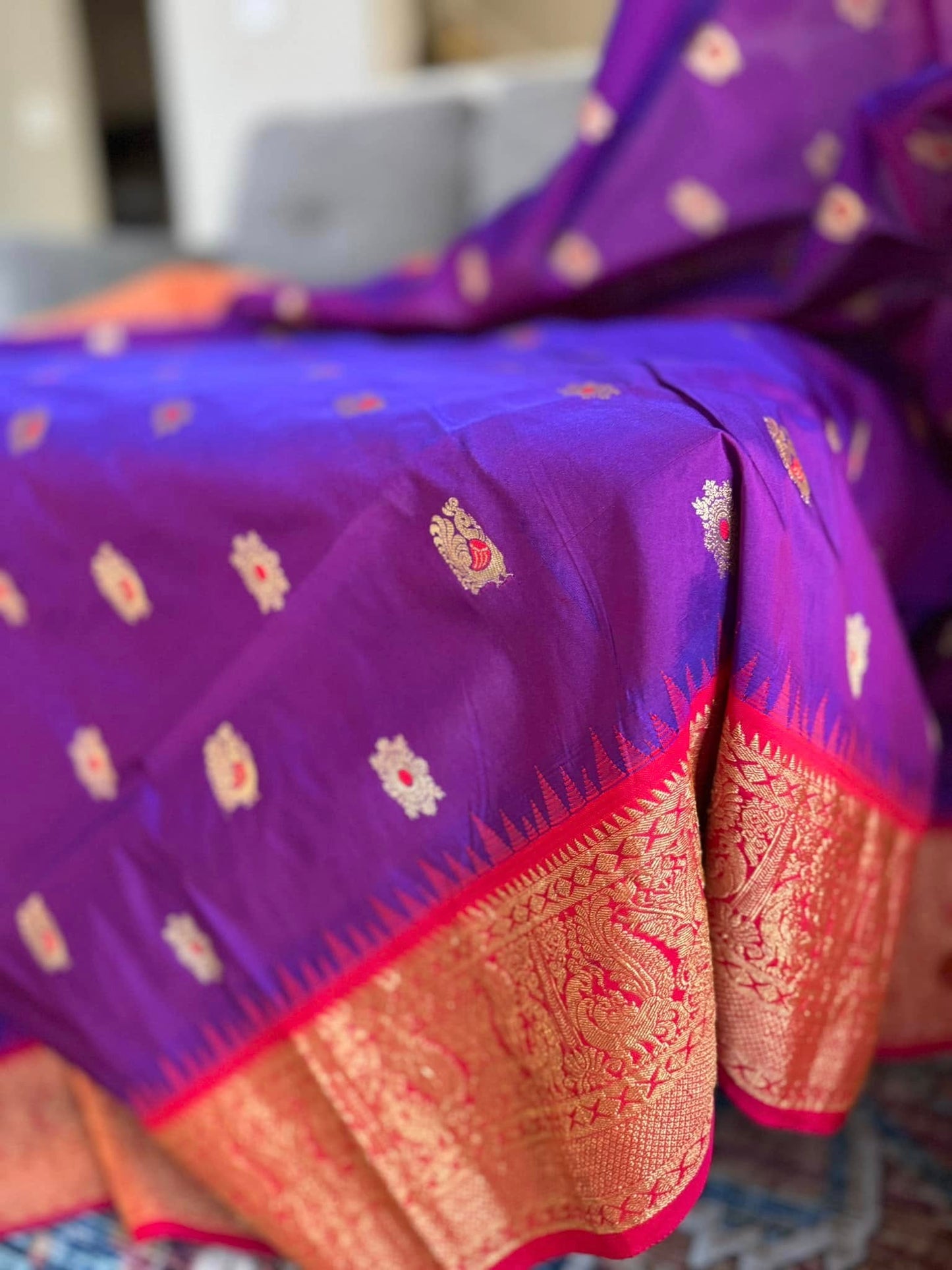 Narayanapet Pattu Sarees in Purple with Red Border