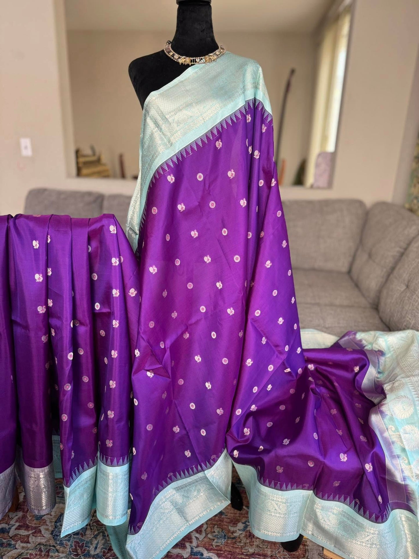 Pure Gadwal Saree in Purple with Blue Border