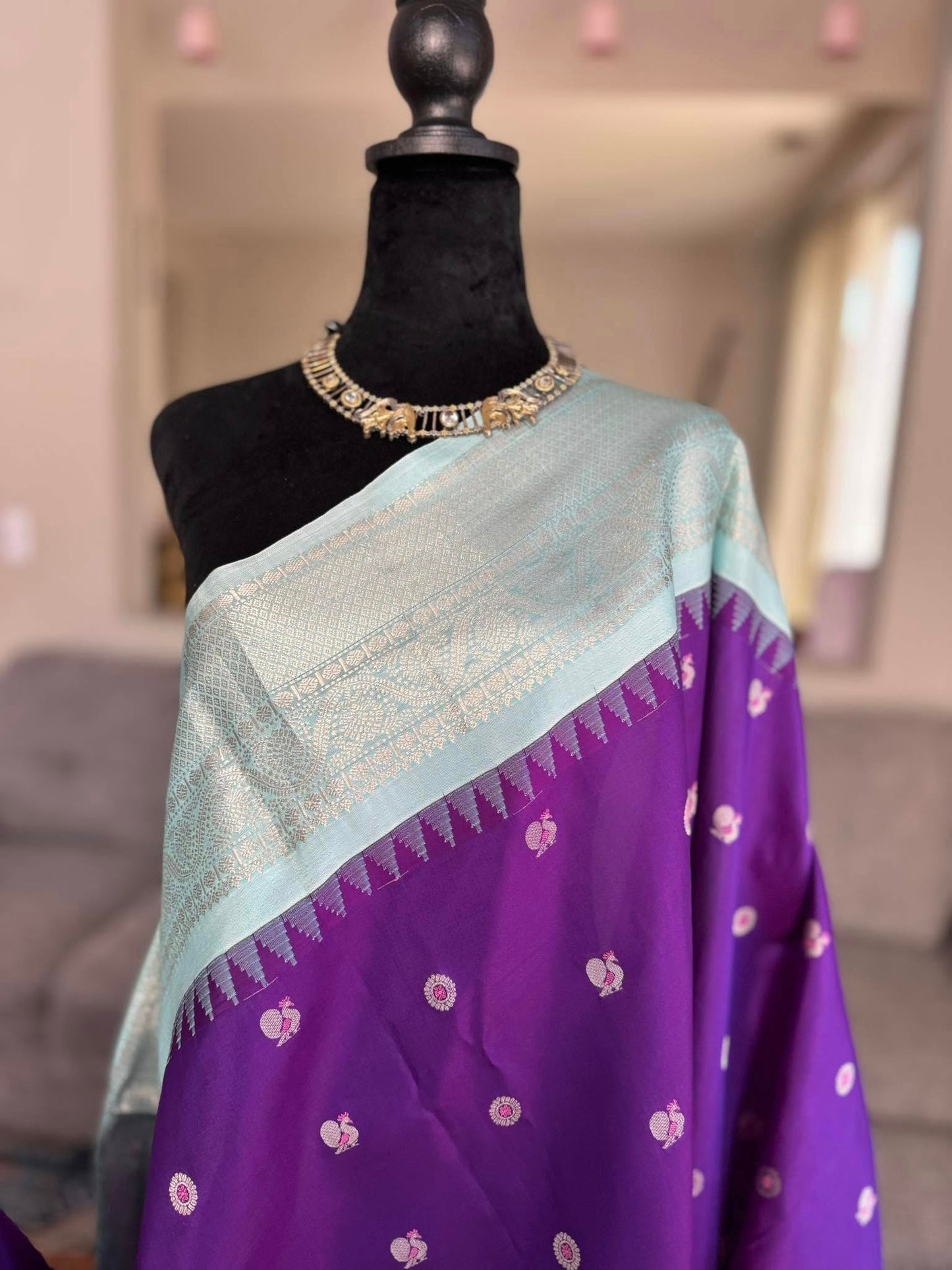 Pure Gadwal Saree in Purple with Blue Border