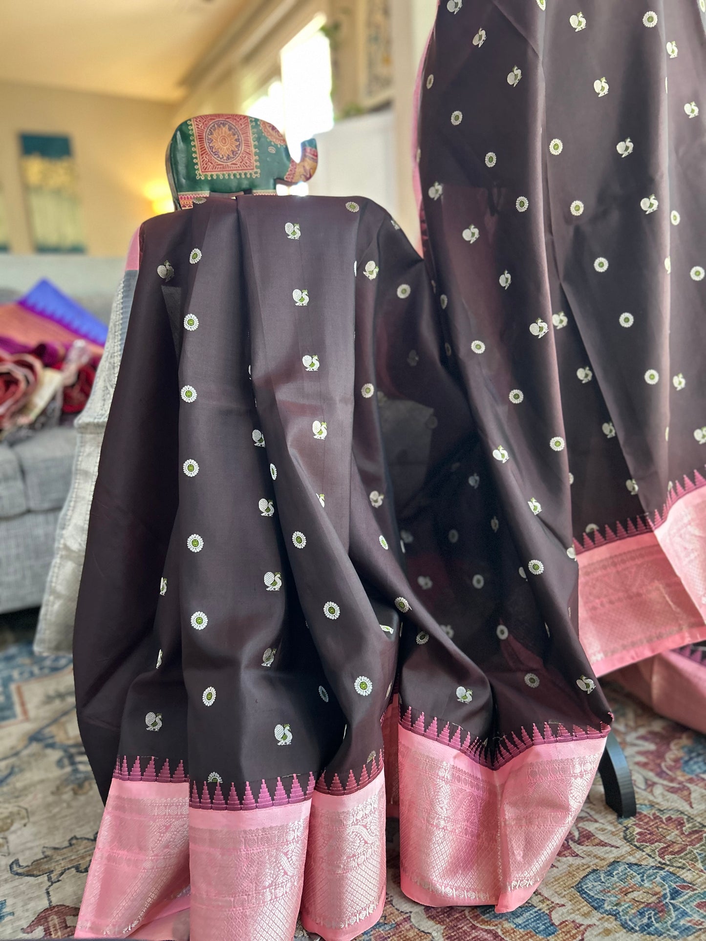 Pure Gadwal Saree in Coffee Brown with Pink Border