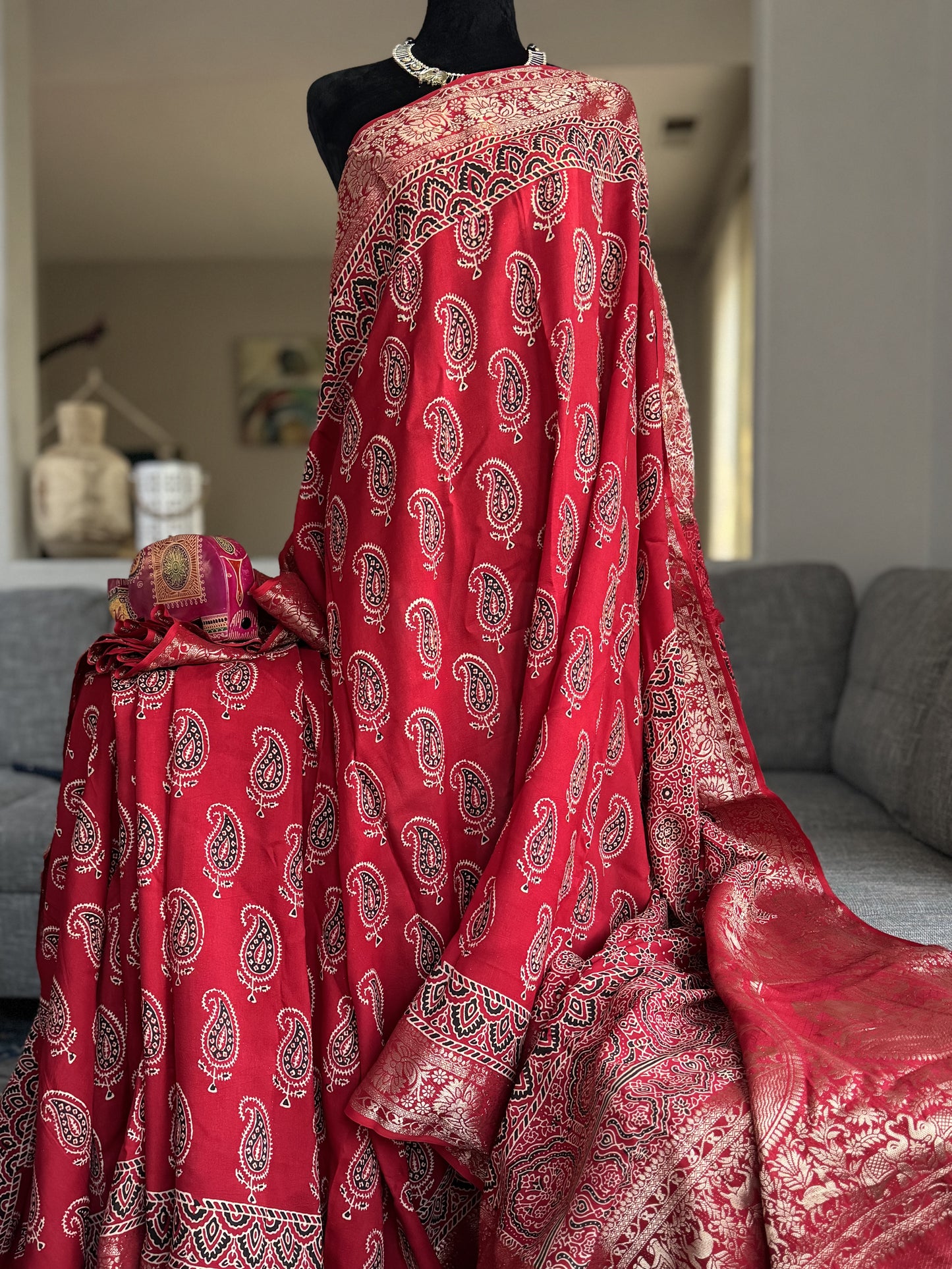 Ajrakh Saree in Red on Dola Silk with Mango Design
