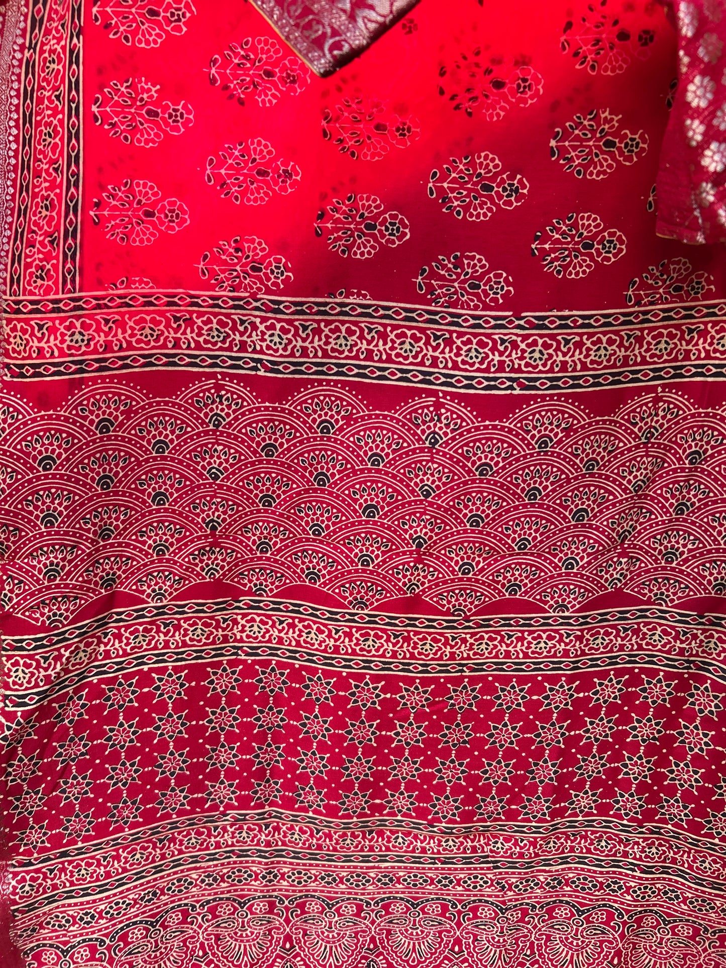 Ajrakh Saree in Red on Dola Silk with Floral Bunches Design