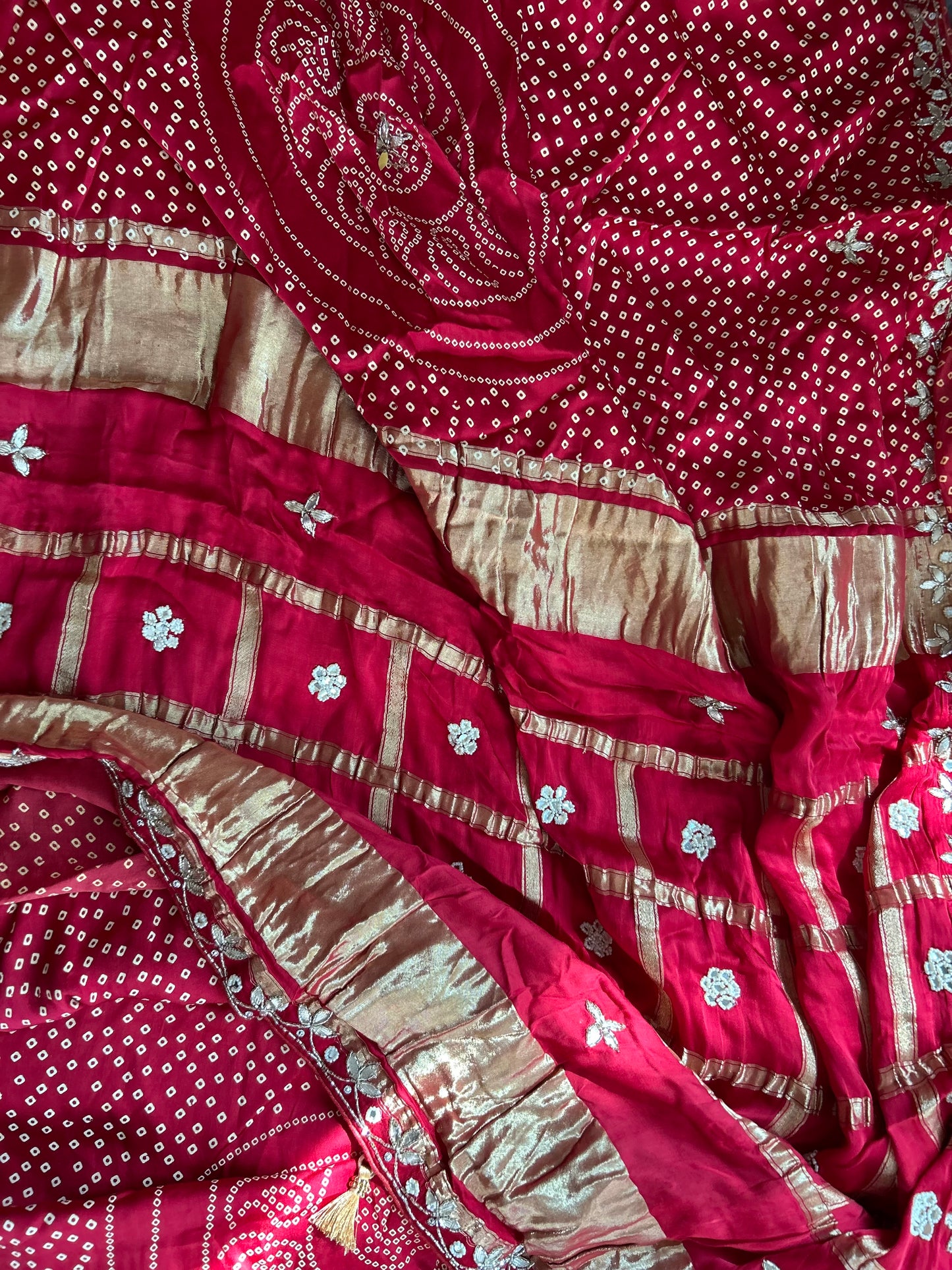 Bandhini Saree with Gotta Patti work and stitched blouse