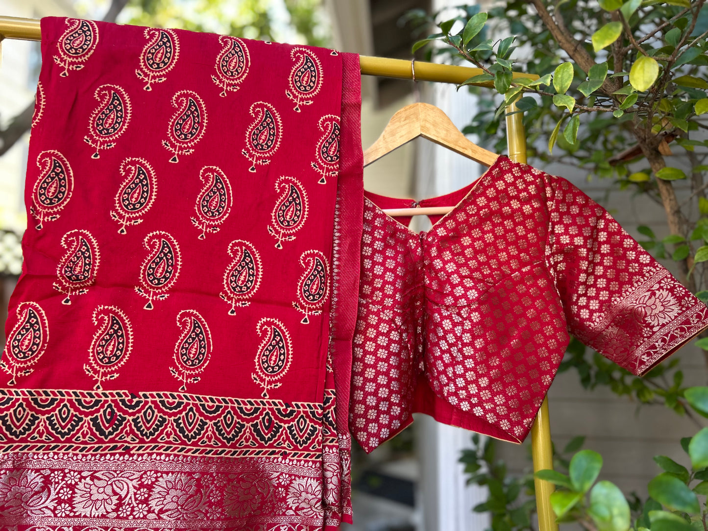 Ajrakh Saree in Red on Dola Silk with Mango Design