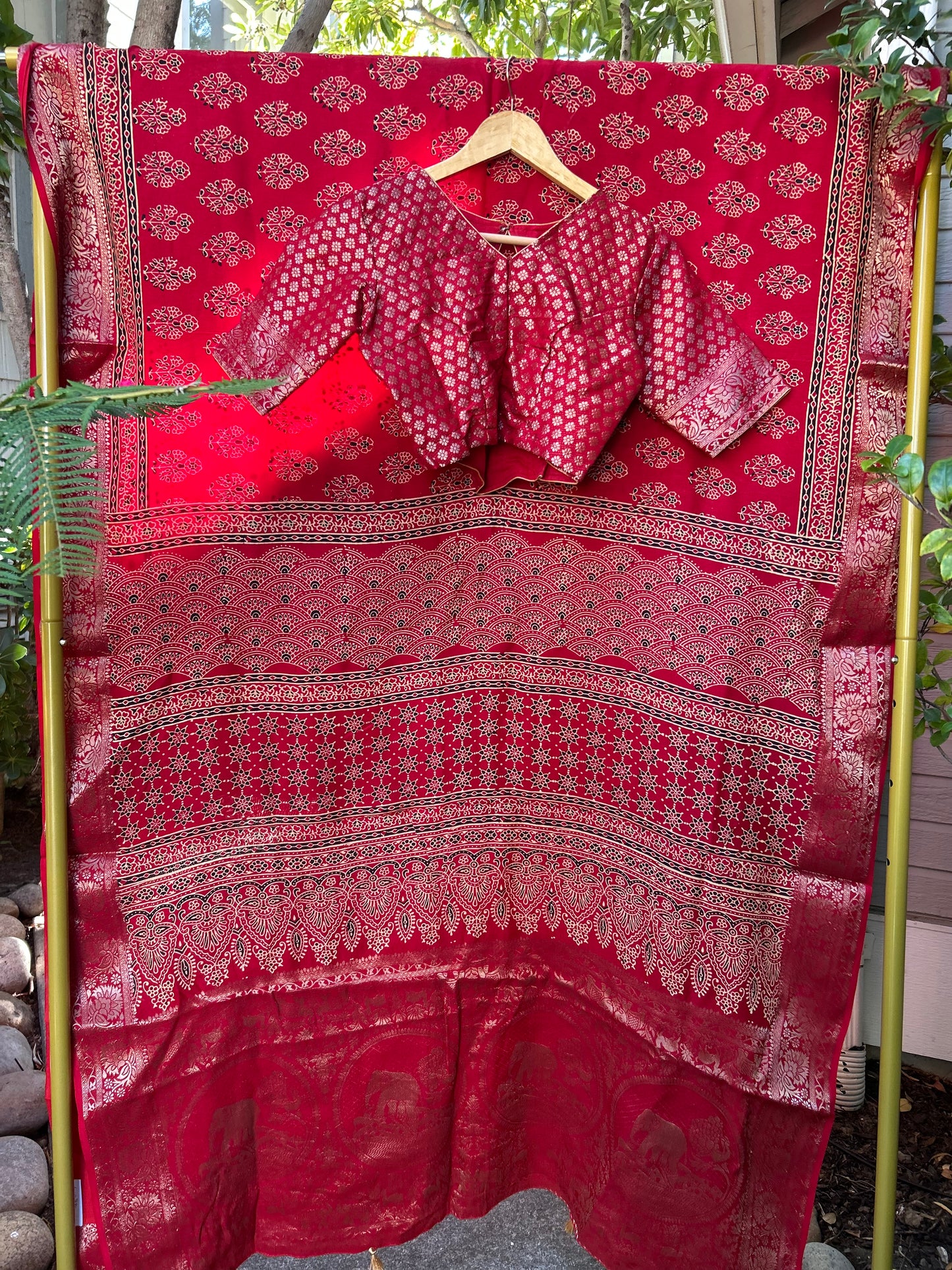 Ajrakh Saree in Red on Dola Silk with Floral Bunches Design