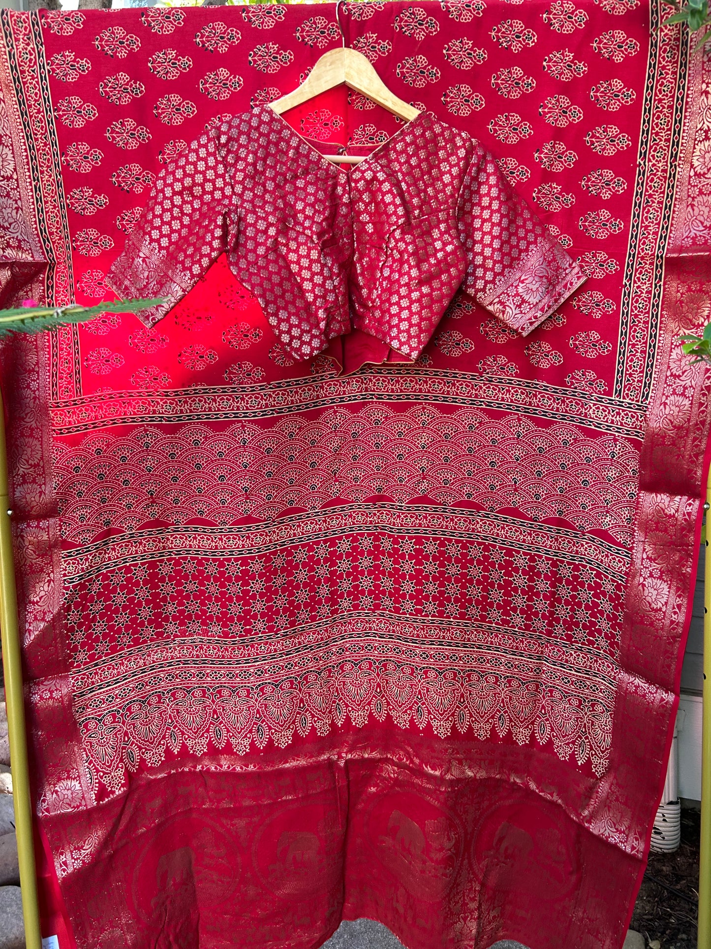 Ajrakh Saree in Red on Dola Silk with Floral Bunches Design