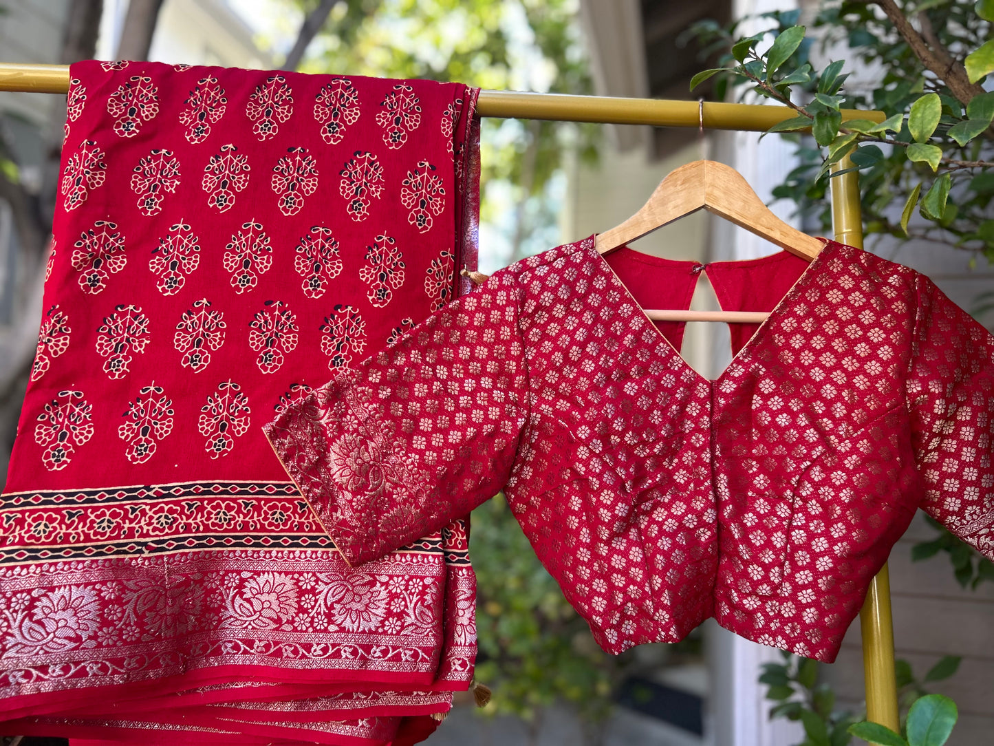 Ajrakh Saree in Red on Dola Silk with Floral Bunches Design
