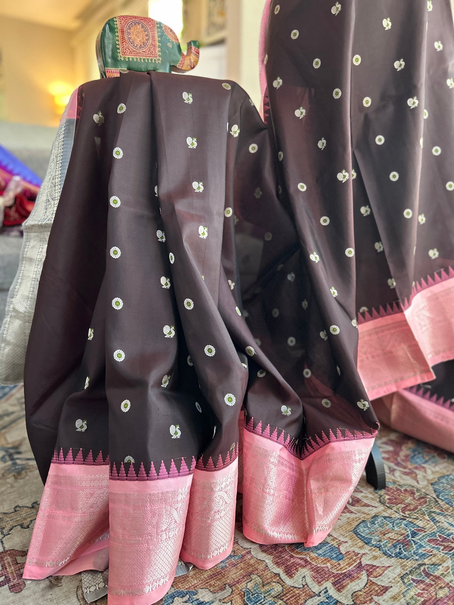 Pure Gadwal Saree in Coffee Brown with Pink Border