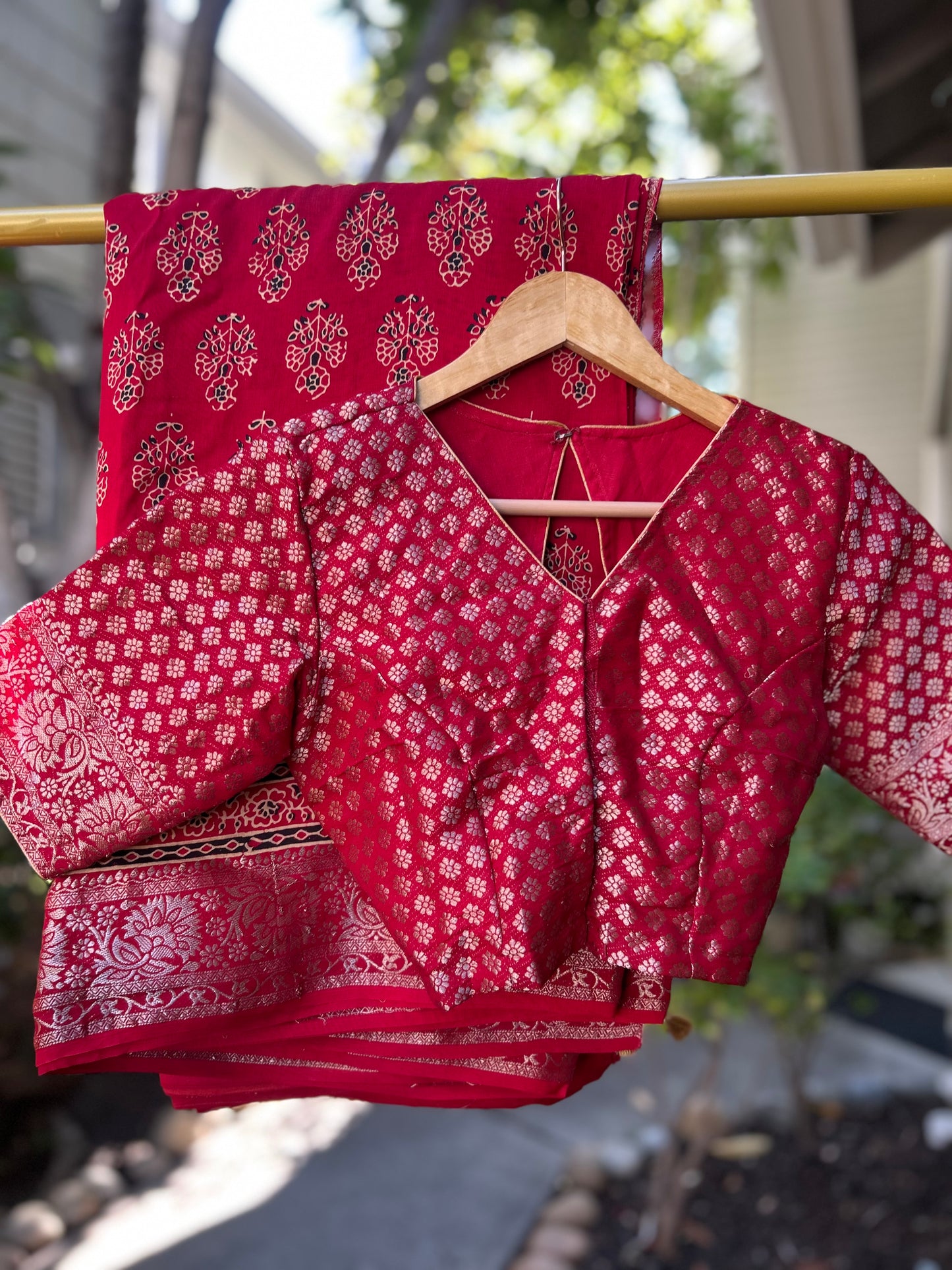 Ajrakh Saree in Red on Dola Silk with Floral Bunches Design