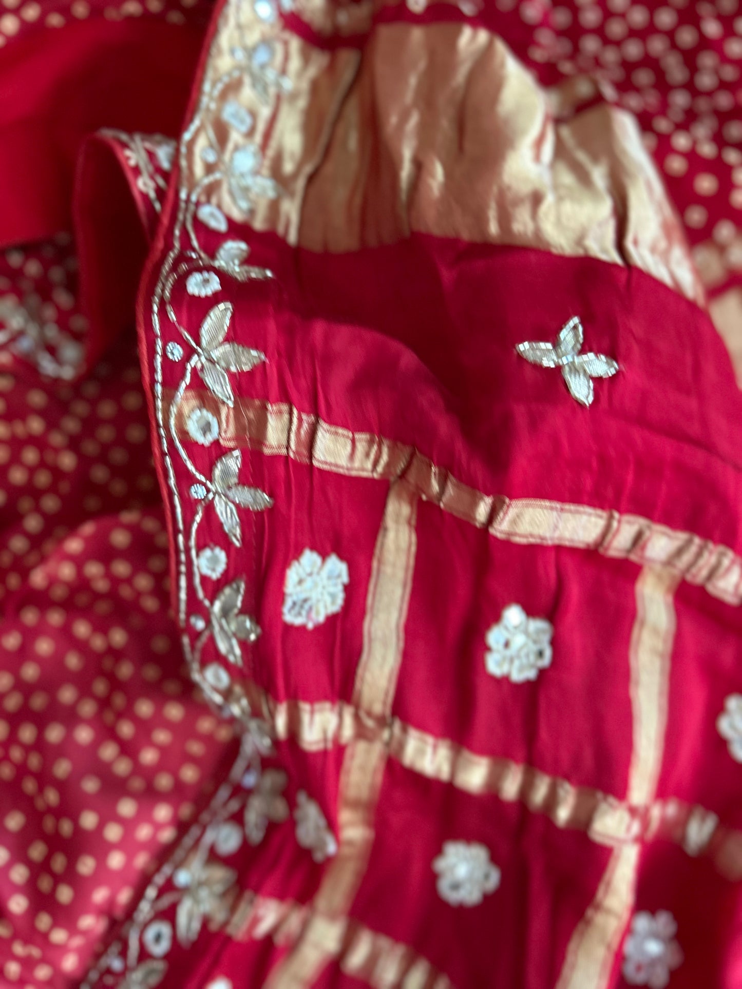 Bandhini Saree with Gotta Patti work and stitched blouse