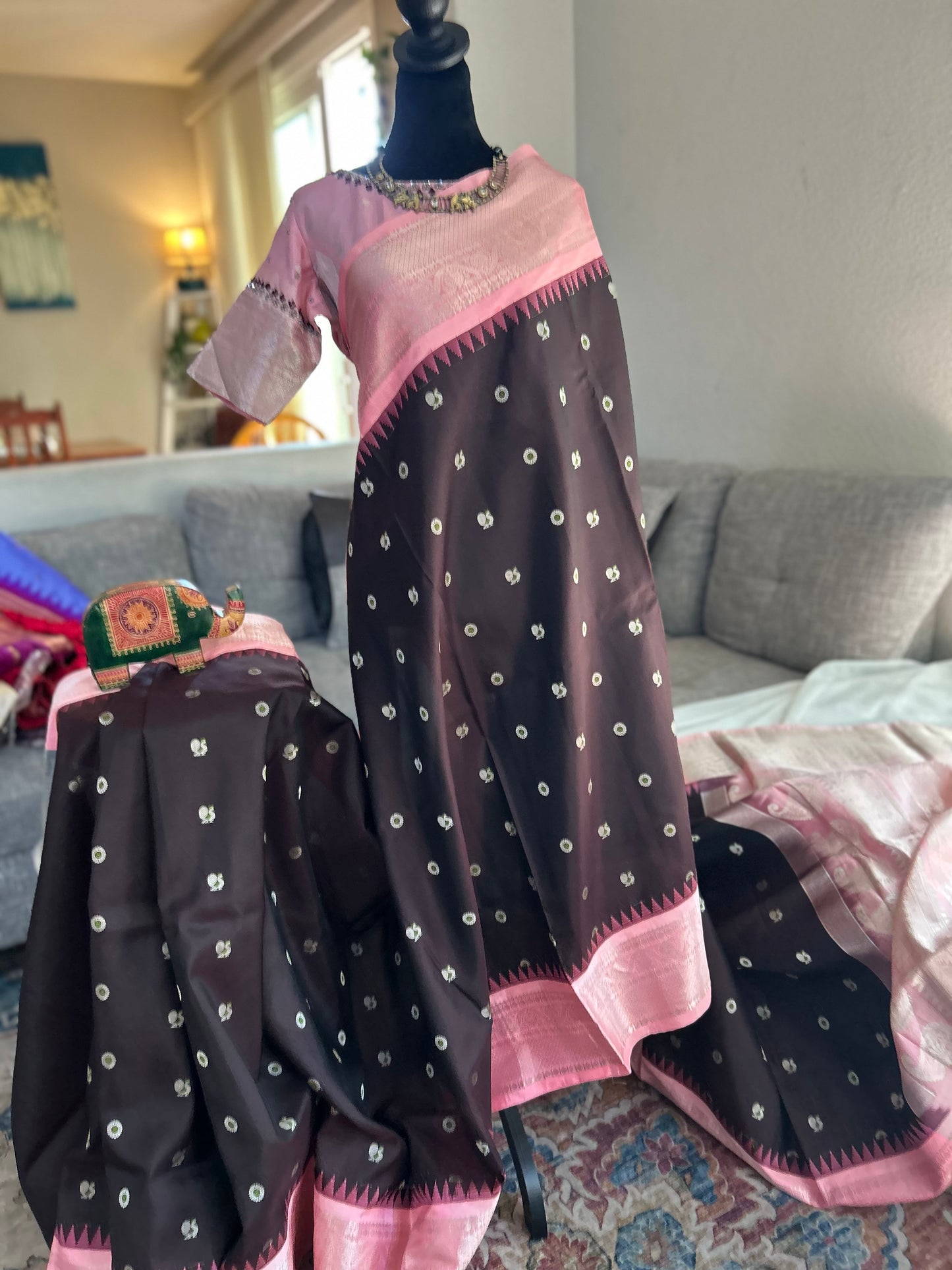 Pure Gadwal Saree in Coffee Brown with Pink Border