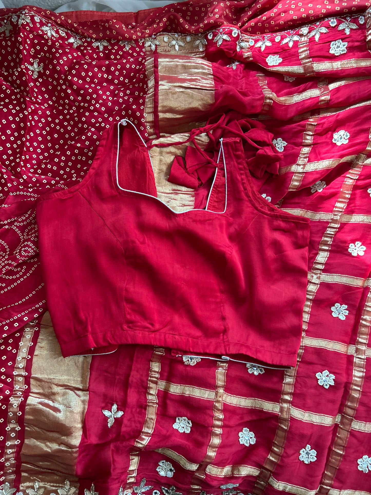 Bandhini Saree with Gotta Patti work and stitched blouse