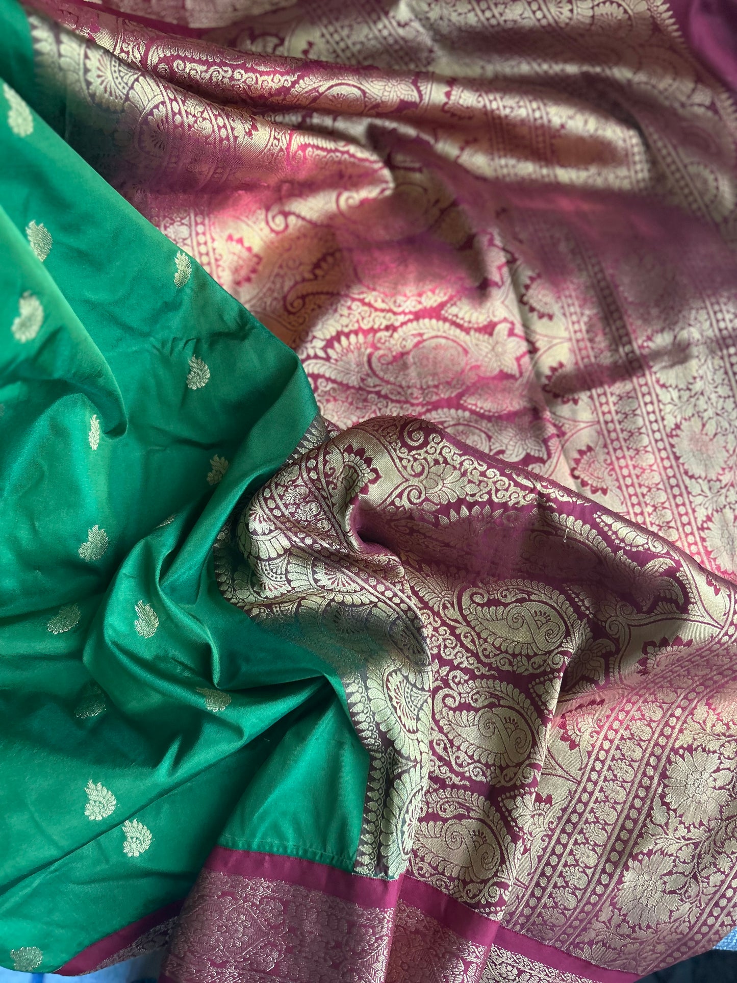 Soft Gadwal Saree in Green with stitched blouse.