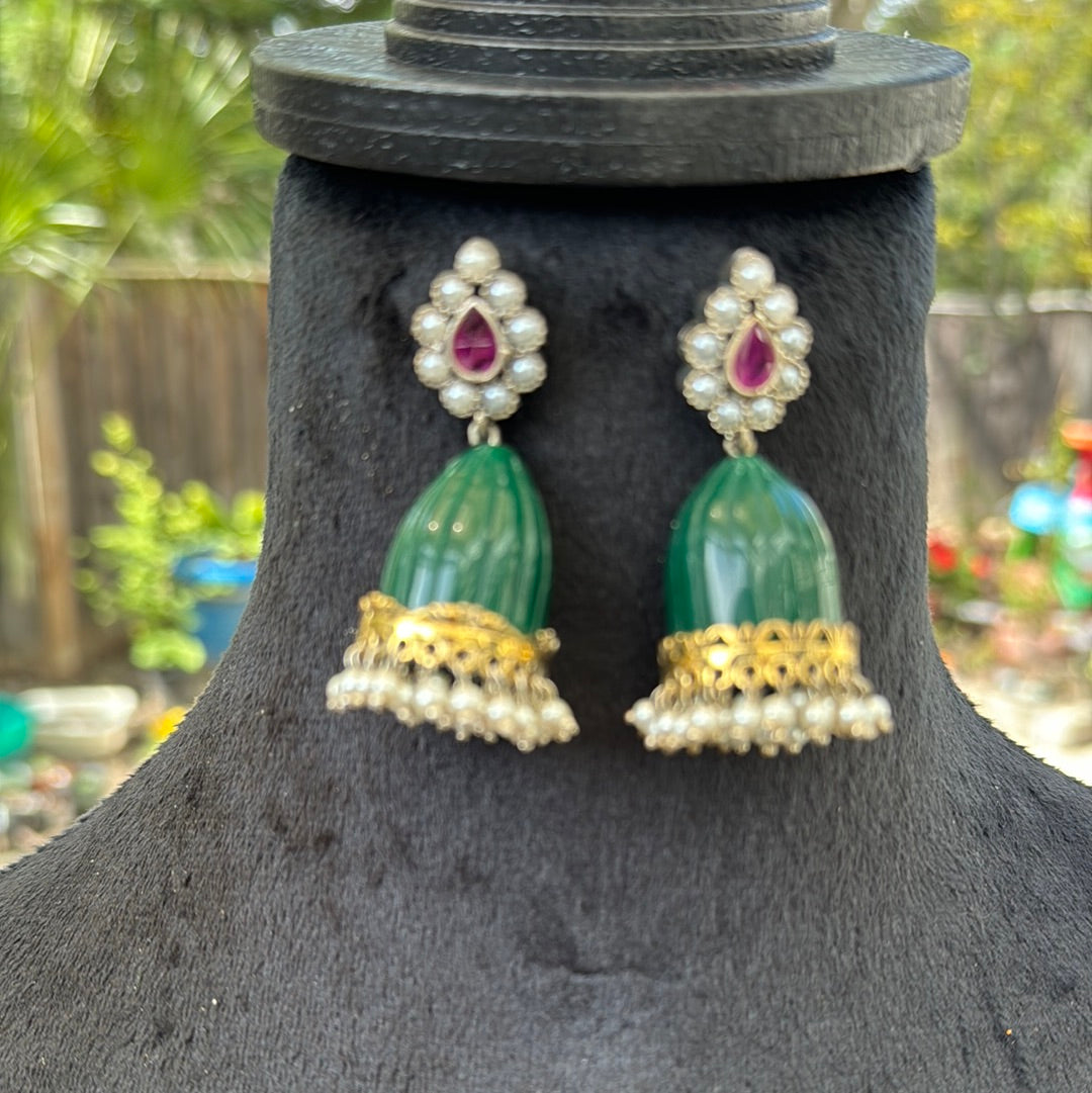 Green Stone Jhumkas with Pearls