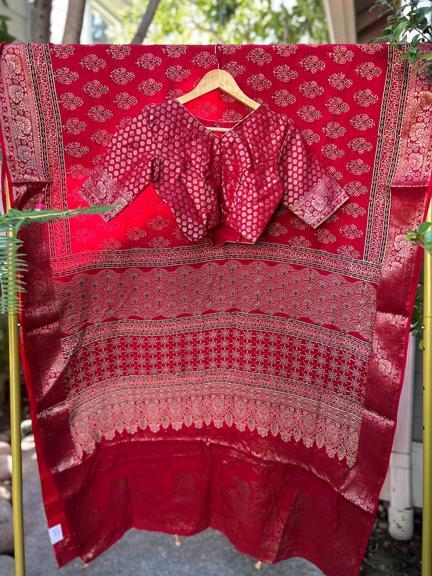 Ajrakh Saree in Red on Dola Silk with Floral Bunches Design