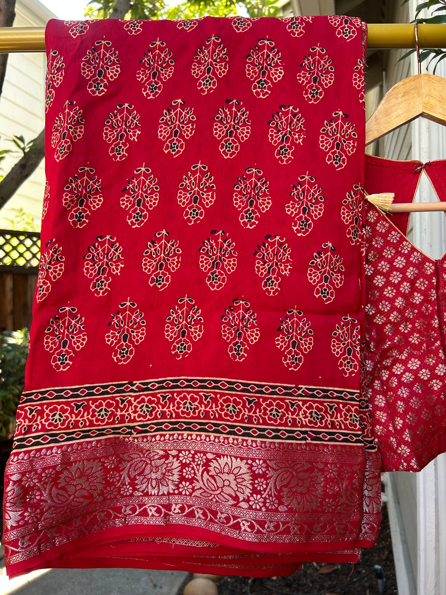 Ajrakh Saree in Red on Dola Silk with Floral Bunches Design