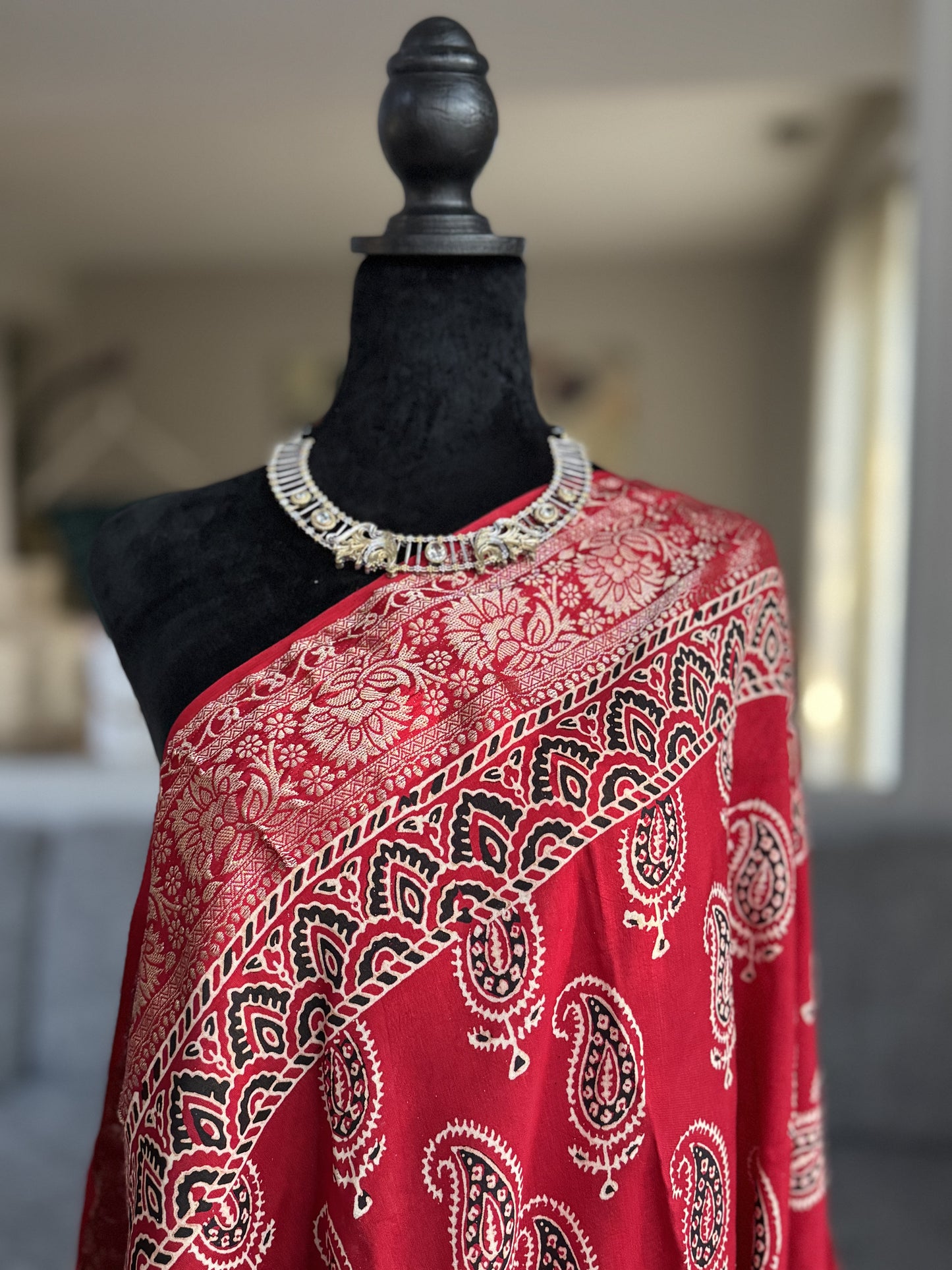 Ajrakh Saree in Red on Dola Silk with Mango Design