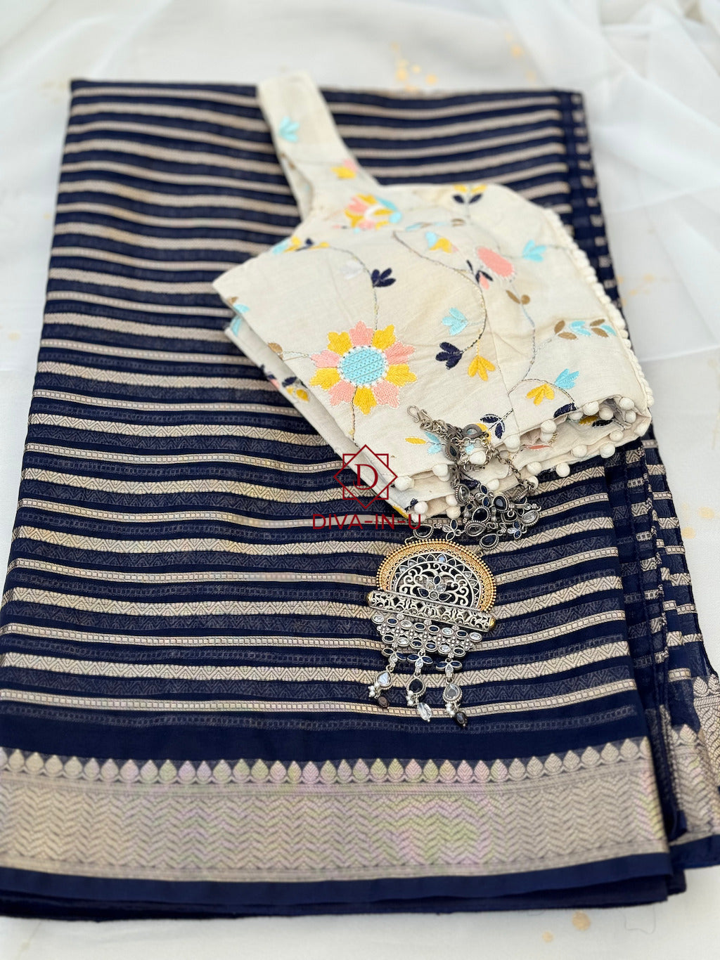 Kora Banarasi Saree - Navy