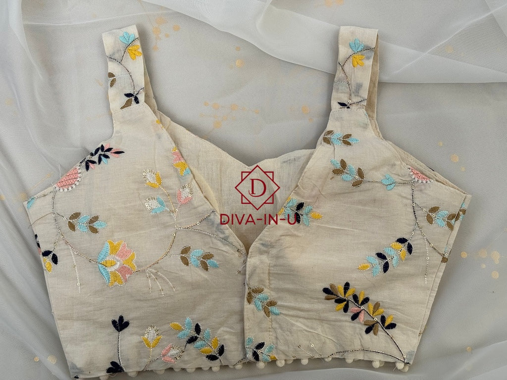 Offwhite Blouse with Multicolor Spring Bloom Threadword