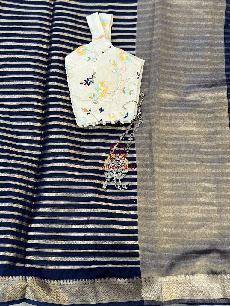 Kora Banarasi Saree - Navy