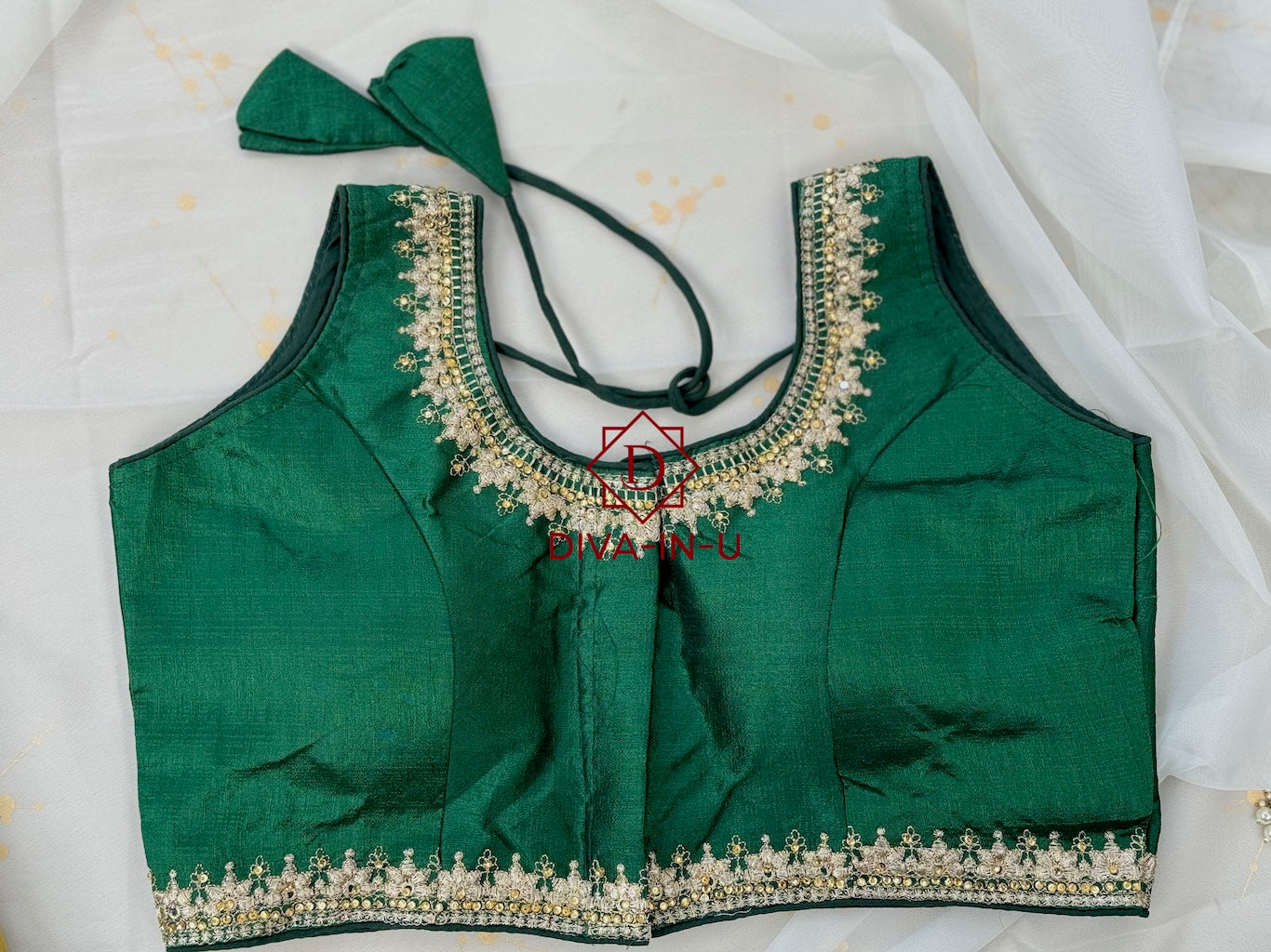 Forest Green Blouse with Gold Threadwork