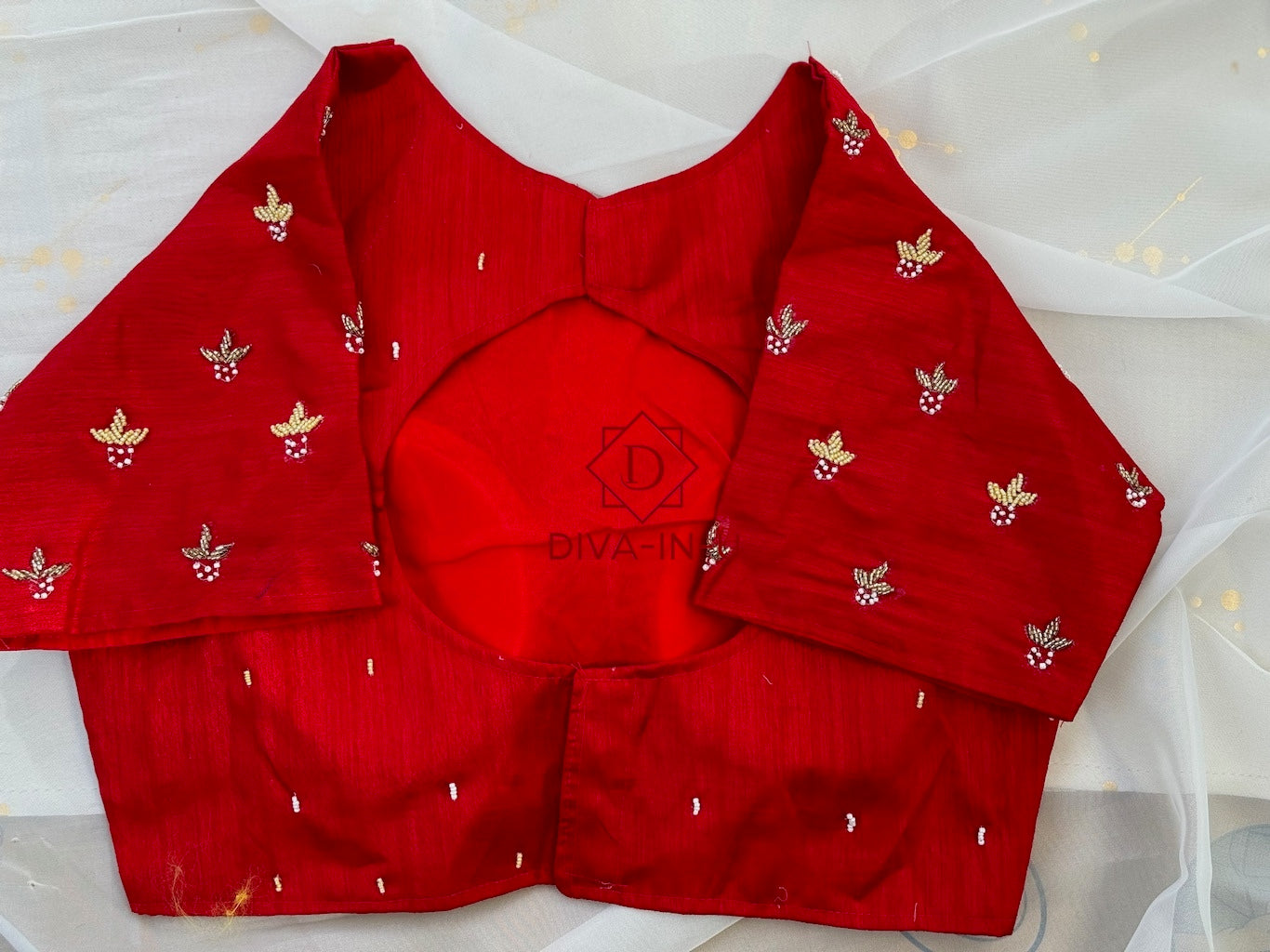 Scarlet Red blouse with Beaded Flowers