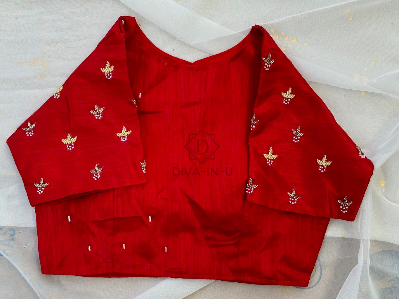 Scarlet Red blouse with Beaded Flowers