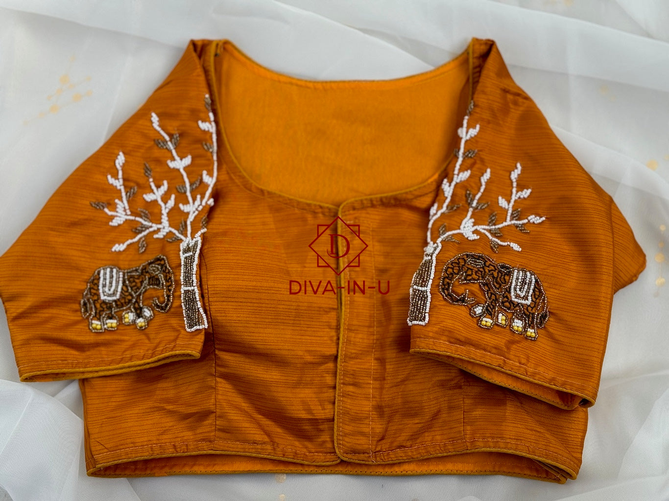 Burnt Orange Blouse with Beaded Elephants