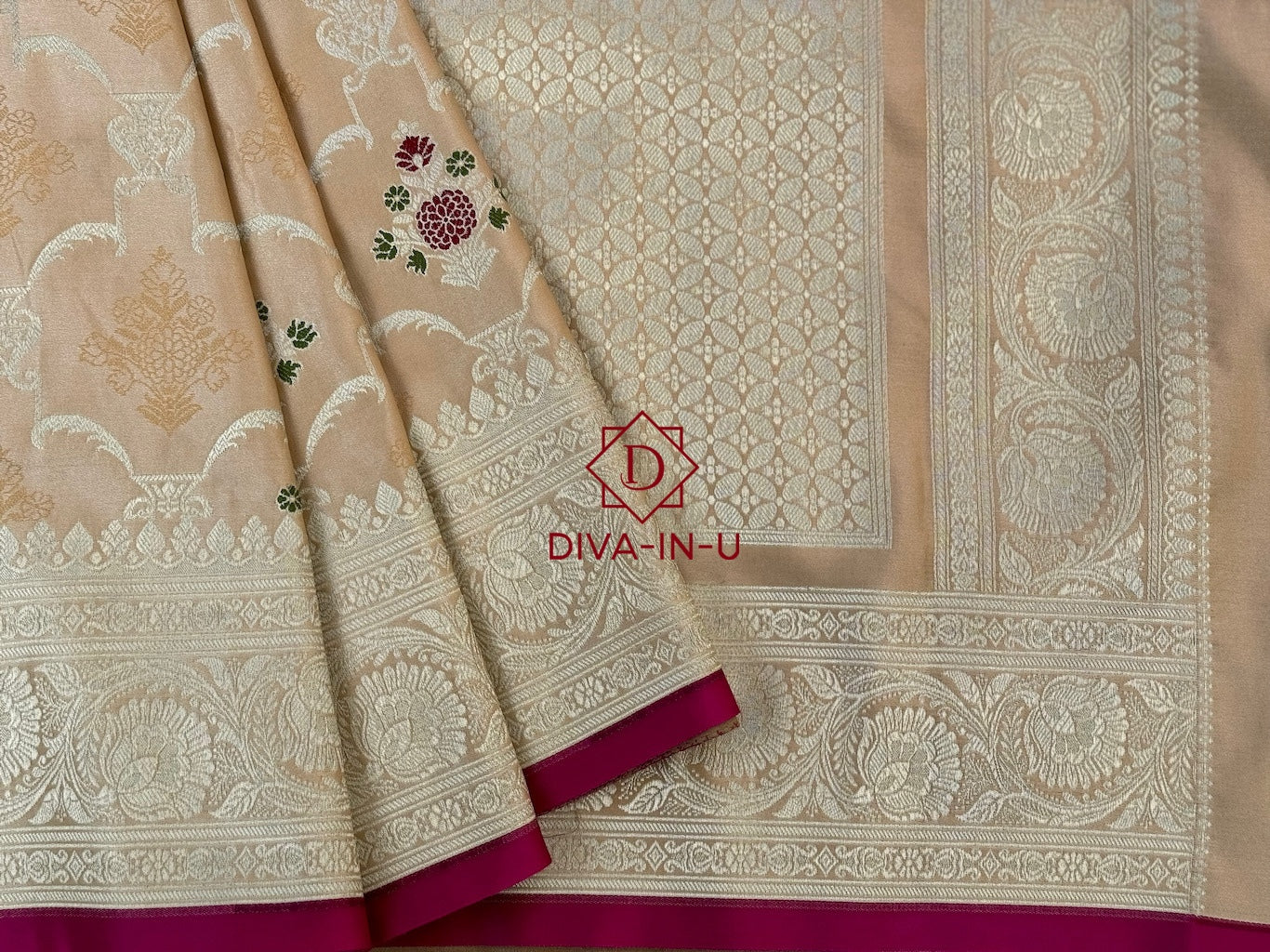Satin Banarasi Saree in Off-White with Dark Pink Border