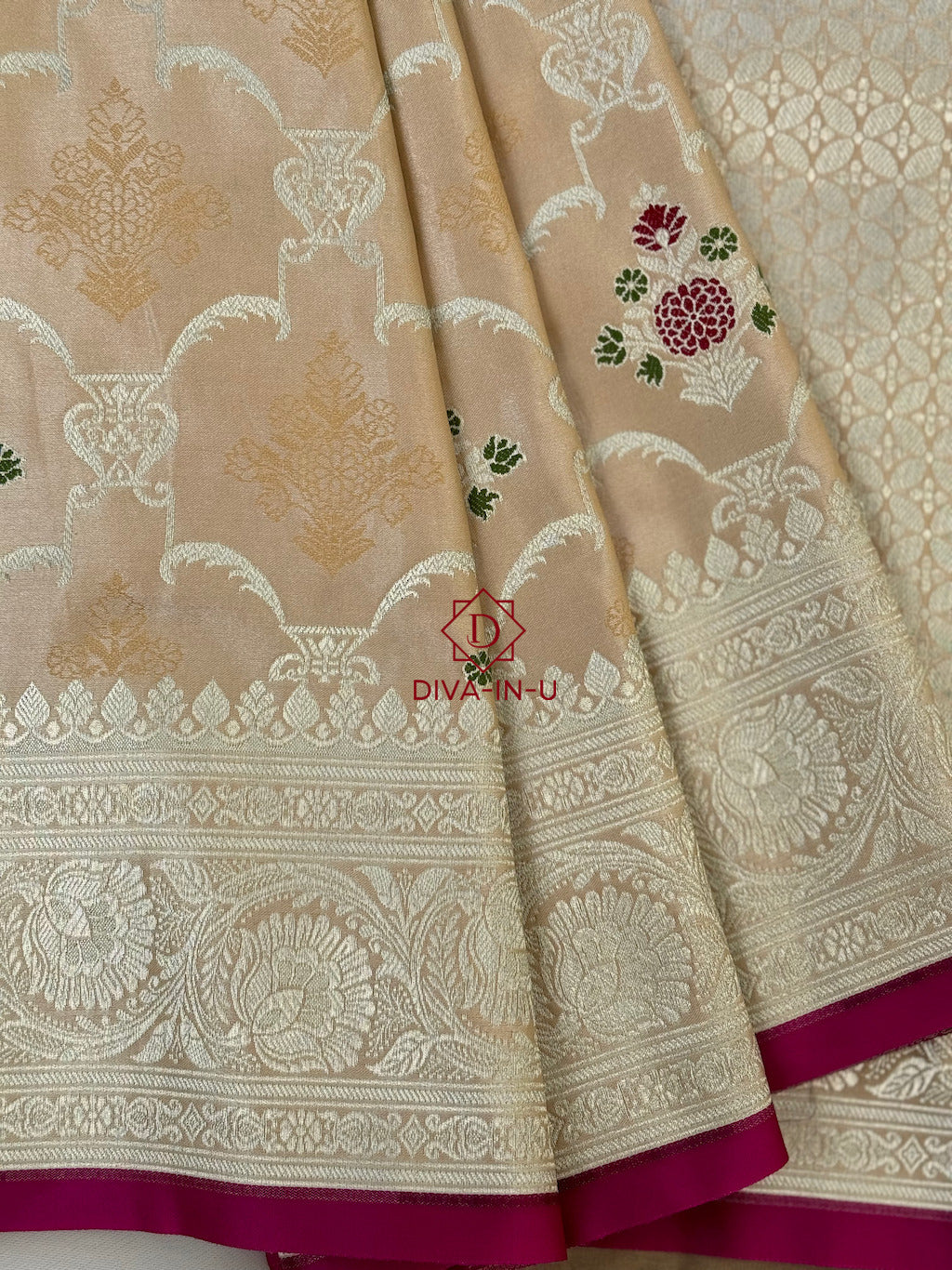 Satin Banarasi Saree in Off-White with Dark Pink Border