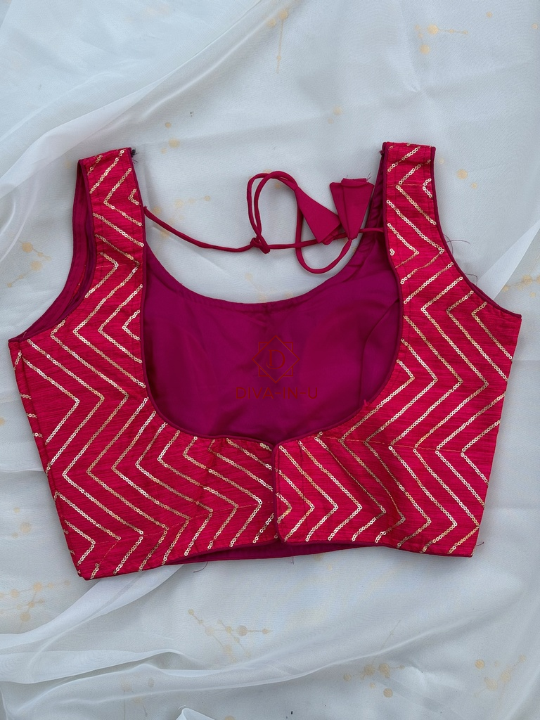 Pink sleeveless blouse with Zig Zag golden embroidery
