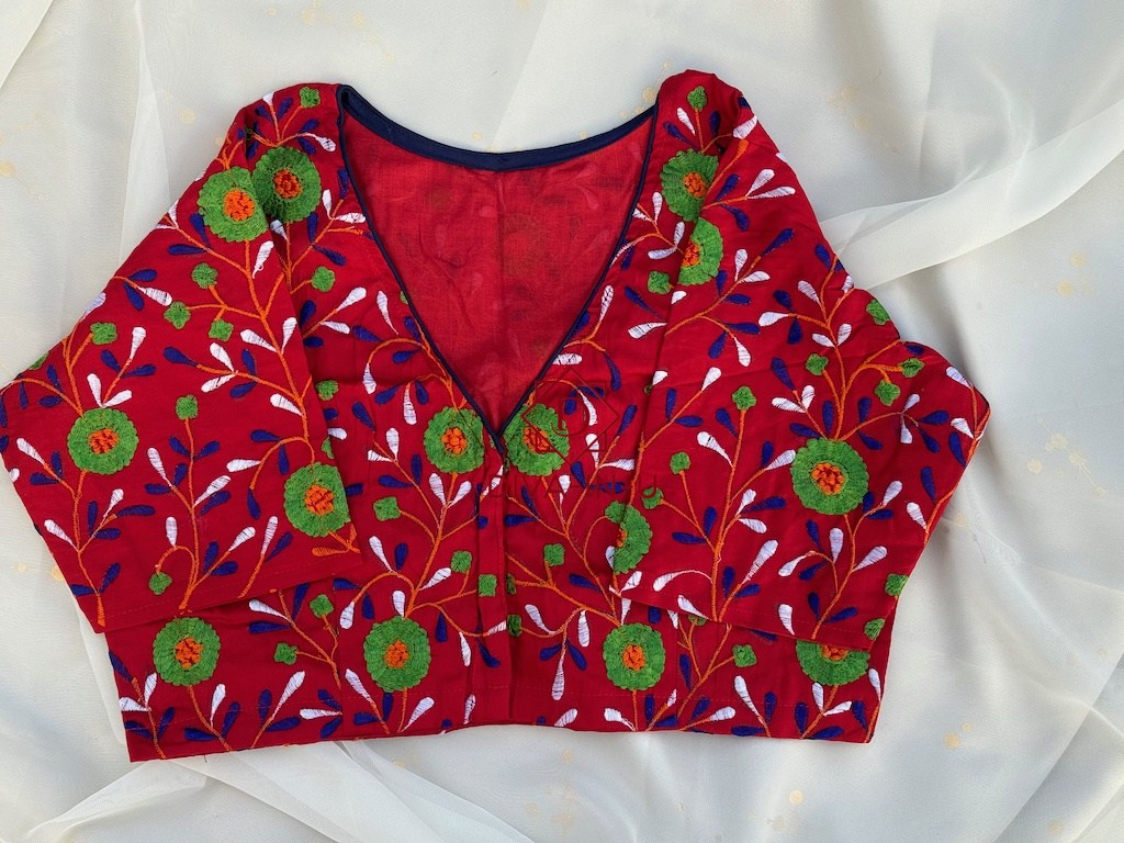 Red floral embroidery blouse