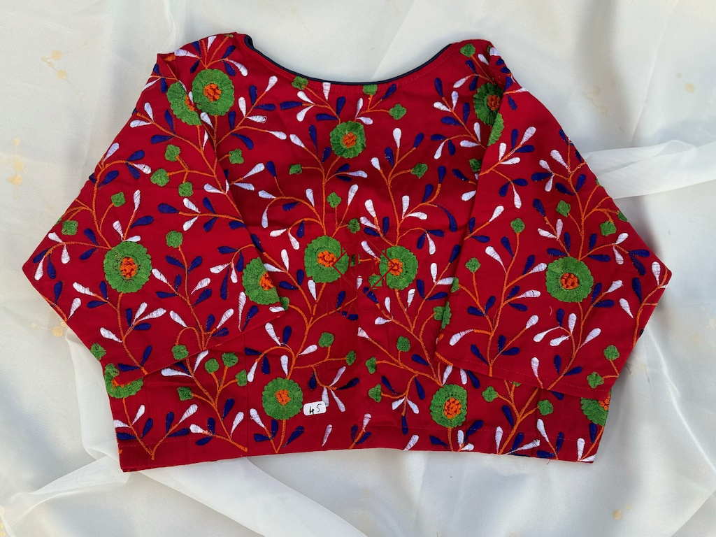 Red floral embroidery blouse