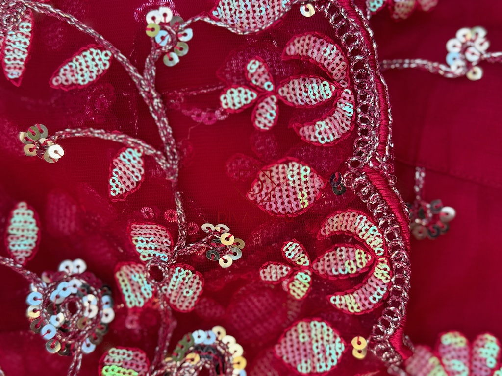 Deep Red Sequin Floral Embroidery Blouse